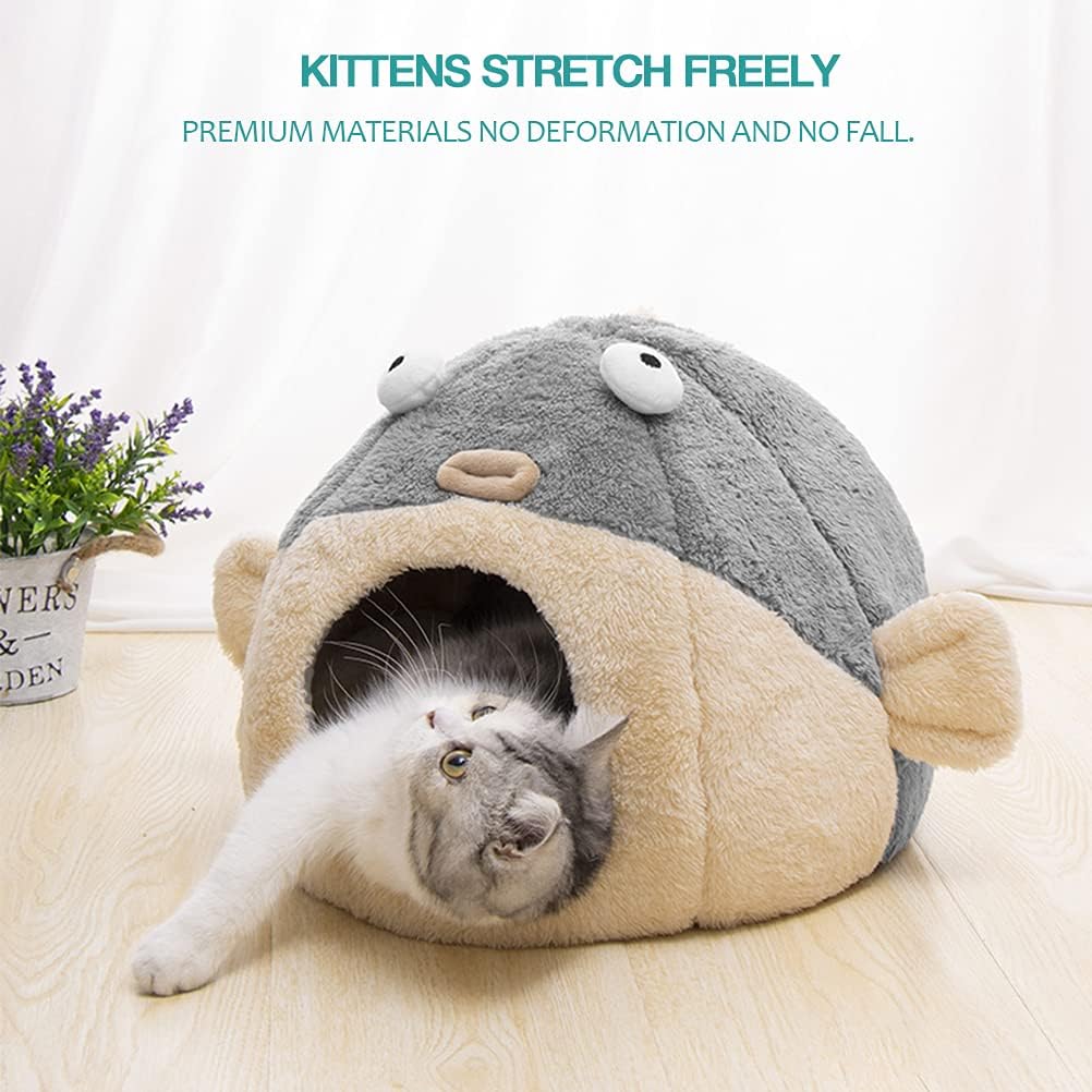 Cat Beds for Indoor Cats - Cat Bed Cave with Removable Washable Cushioned Pillow,2 in 1 Super Soft Animal-Shape Cat Tent for Kitten and Small cat, Lively Pufferfish cat beds & Furniture, Grey(M)