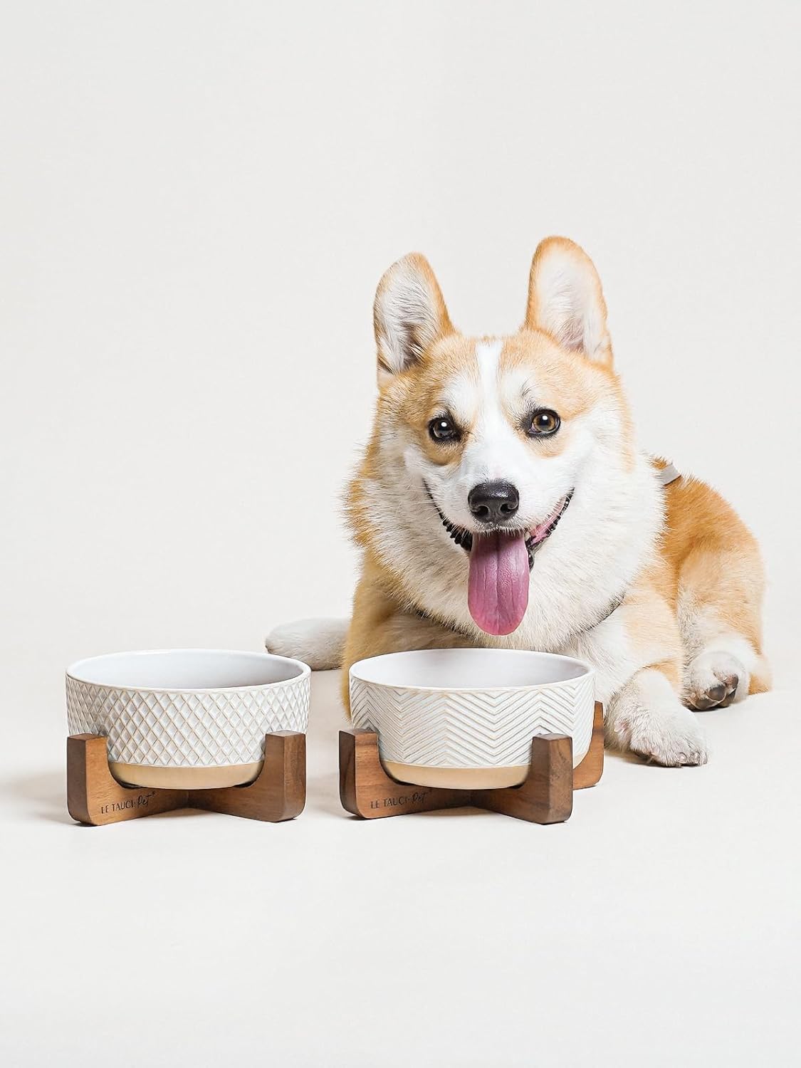 Ceramic Dog Bowl Set, 4 Cups Food and Water Bowl for Medium Small Dogs, Cute Pet Dishes with Wood Stand, Rhombus+Wave Design (Set of 2)