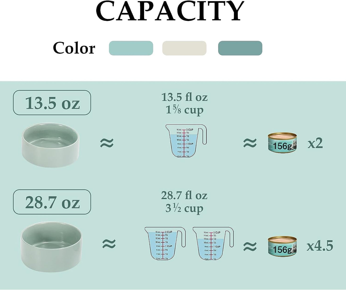 SPUNKYJUNKY Ceramic Dog and Cat Bowl Set with Wooden Stand, Modern Cute Weighted Food Water Set for Small Size Dogs (13.5OZ) & Medium Sized Dogs (28.7OZ) & Cats (3.6 Cups, 2 × Morandi Green)