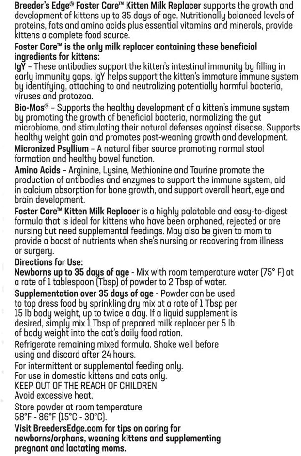 Breeder's Edge Foster Care Feline - Powdered Milk Replacer - for Kittens & Cats - 12oz