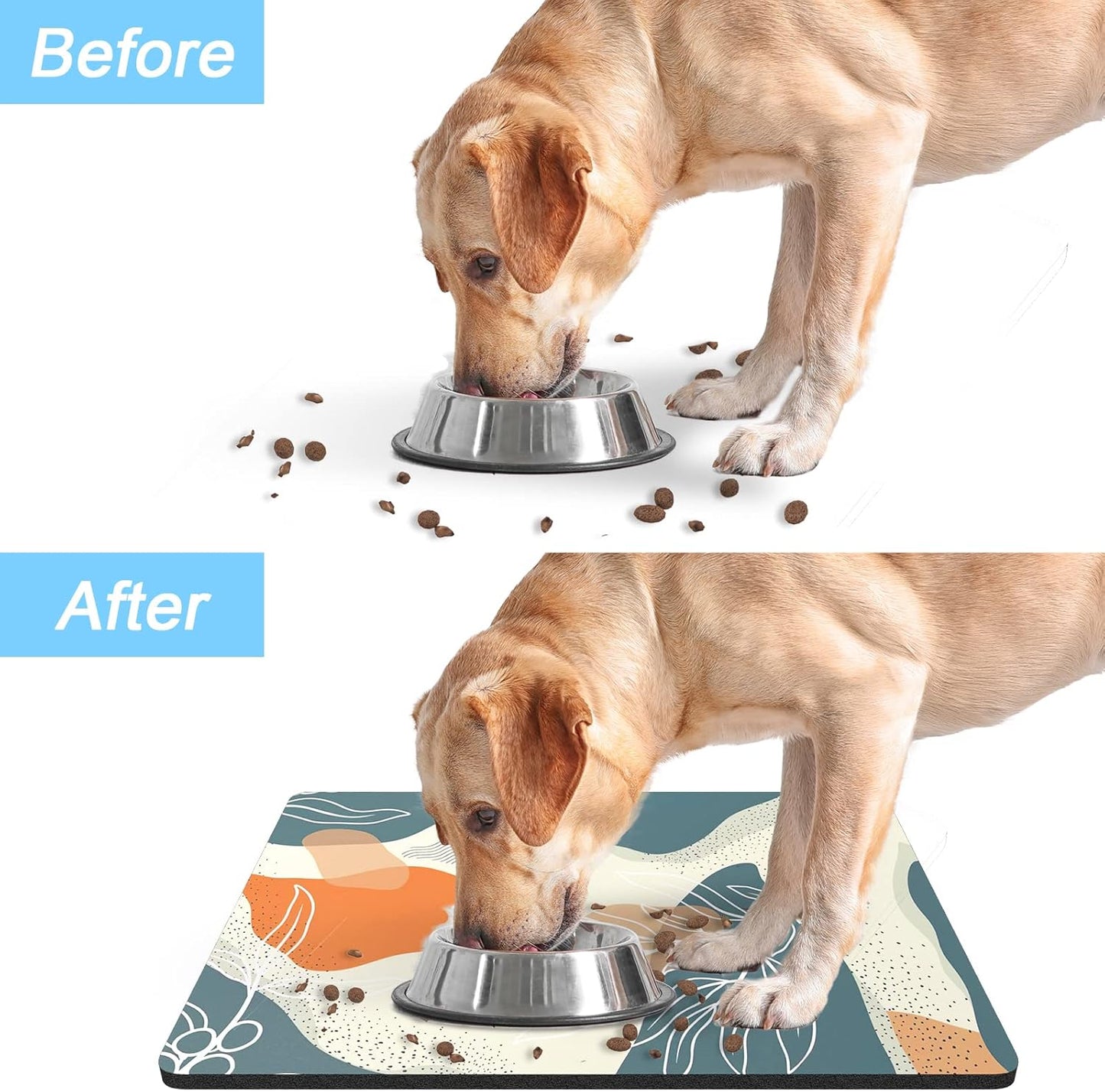 Rnivvi Dog Food Mat, 16" x 24" Boho Absorbent Dog Cat Bowl Mat for Food and Water, Cute Anti-Slip Rubber Pet Feeding Rug Protect Floors, Puppy Placemat for Feeding & Watering Supplies, Abstract Leaves