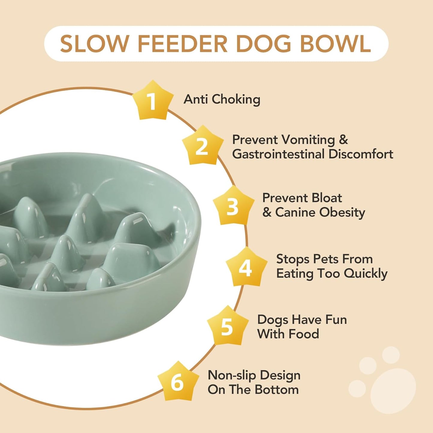 7.3inch Ceramic Dog Raised Slow Feeder Set, Elevated Bowl with Wooden Stand for Medium and Small Dog, Slow Feeder Dish for Fast Easters(Light Green, Single Bowl+ Stand)