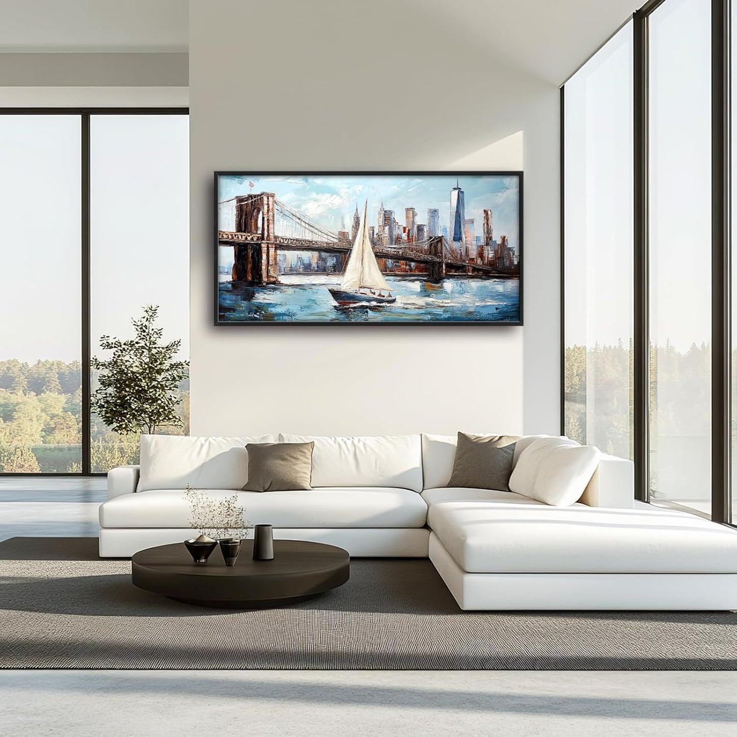 Extra Large Sailboat Framed Wall Art for Living Room,Oversized New York Brooklyn Bridge Pictures Wall Decor,Cityscape Canvas Print Painting Modern Artwork Bedroom Office Bathroom 60L" x 30W"