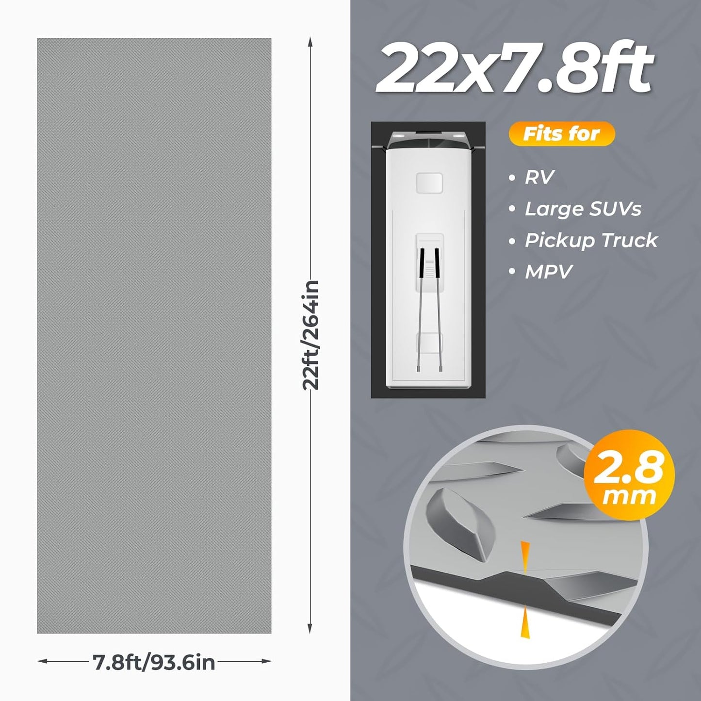 7.8 x 22 FT Garage Floor Mat, 2.8mm Thickness Diamond Plate Vinyl Garage Flooring Roll for Under Car, Large Size 172 SQFT for Large SUVs, MPV, Pickup Truck, RV, Light Grey