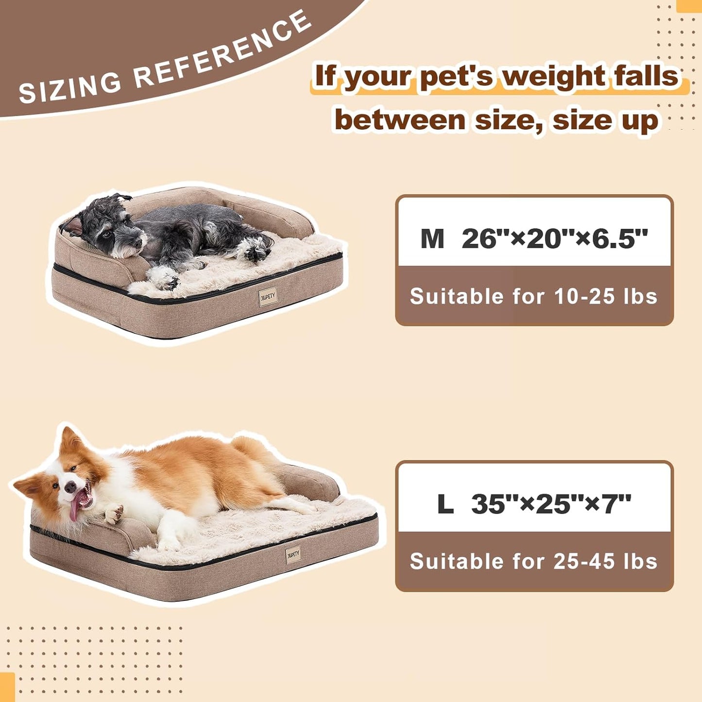 Jiupety Orthopedic Dog Bed for Medium Dogs, Egg-Crate Foam Pet Couch Bed, Washable Pet Sofa with Removable Cover, Waterproof Lining and Anti-Slip Bottom, Brown, 26"x20"x6.5"