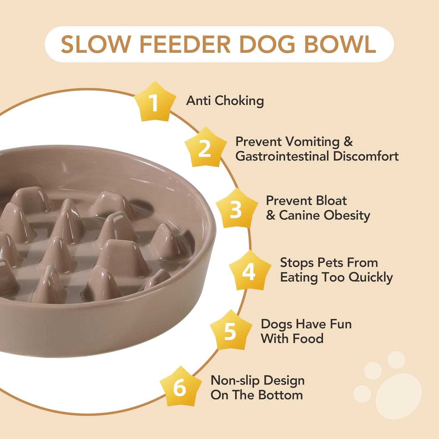 Ceramic 9.5 inch Dog Bowl Slow Feeder, Slow Pet Food Dish for Large Dog, Stop Bloat, Preventing Choking(Single Bowl, Brown Coffee)