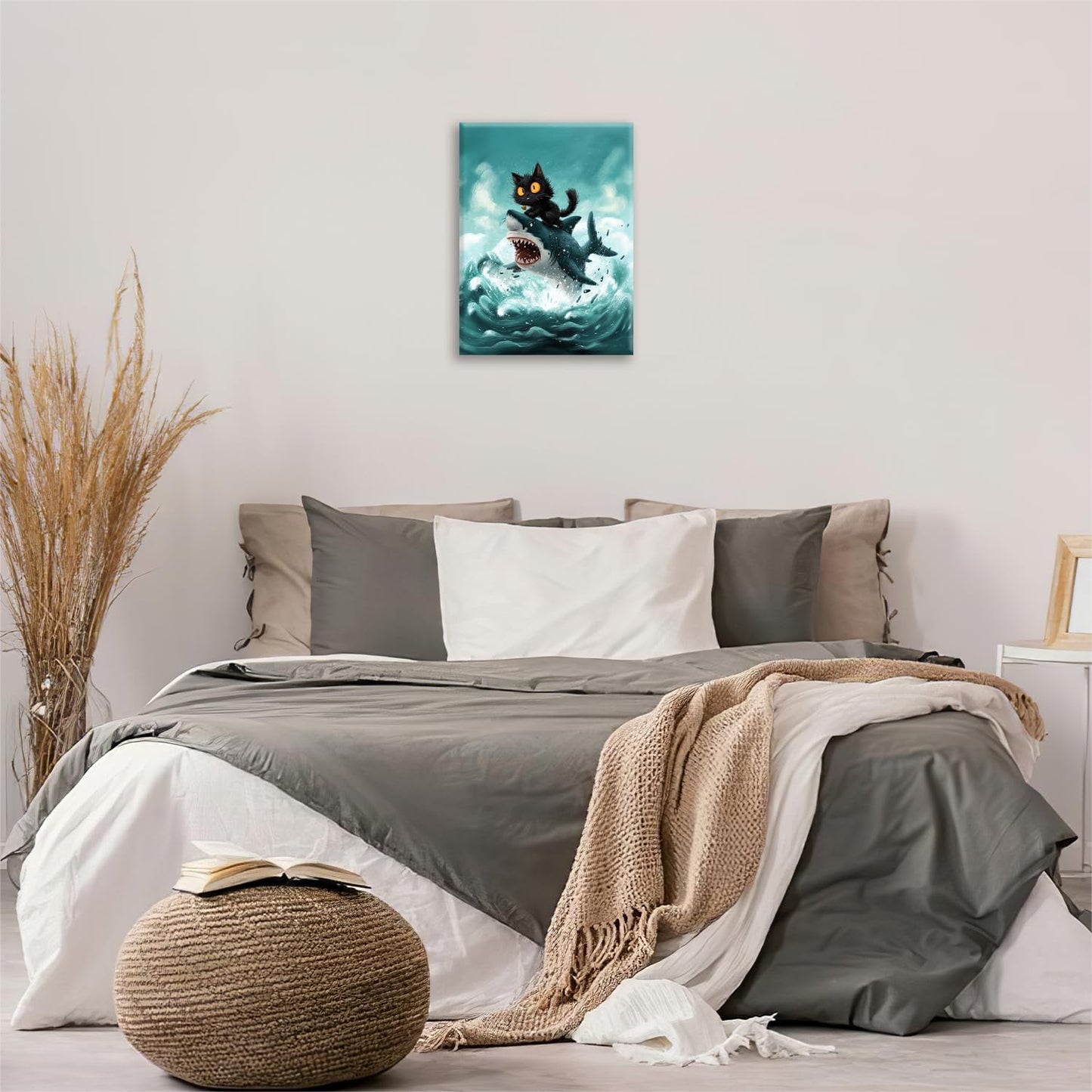 Funny Black Cat Bathroom Wall Art Cute Cat Riding Shark Canvas Wall Decor Animal Kitten Pictures Painting Print Artwork Framed Decorations Gifts for Cat Lover Kids Room Bedroom 16"x20"
