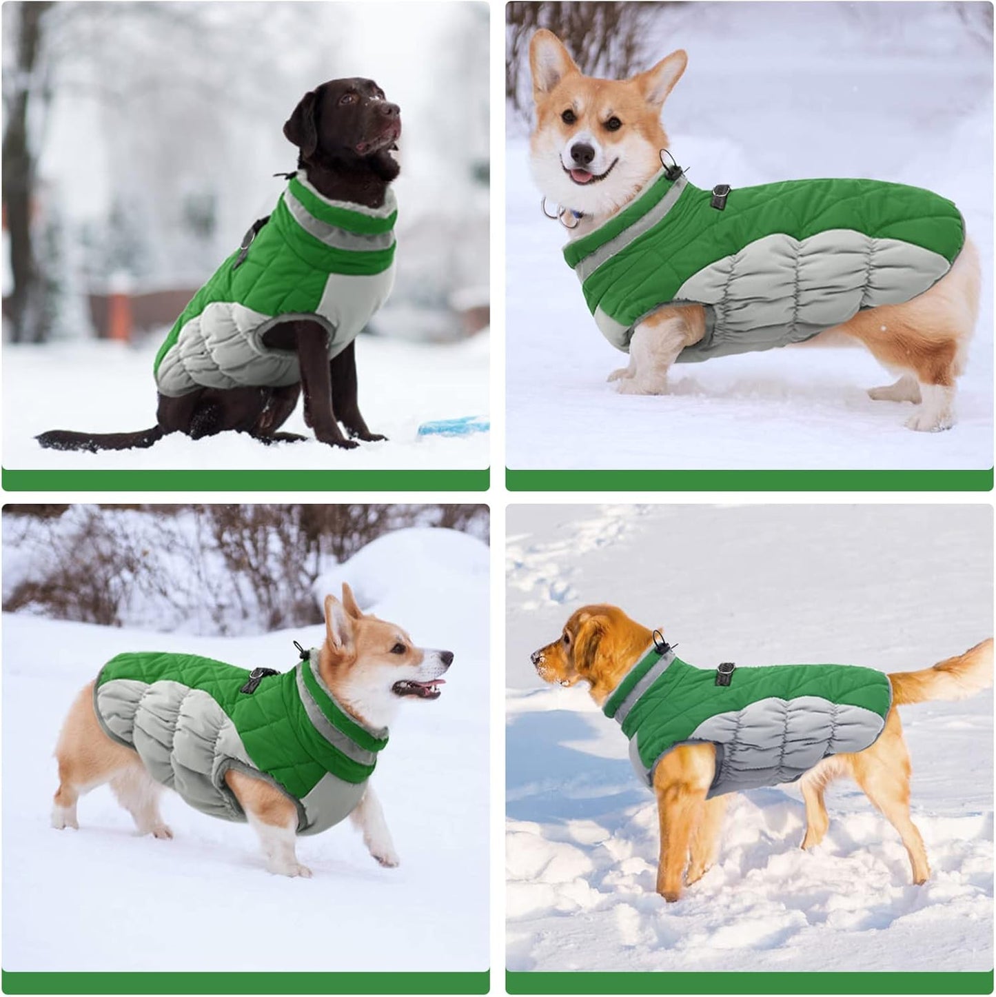 FUAMEY Dog Coat for Small Dogs,Waterproof Dog Winter Jacket with Harness Built in Puppy Cold Weather Coats Reflective Pet Vest with Zipper Warm Fleece Dogs Snowsuit Windproof Green S