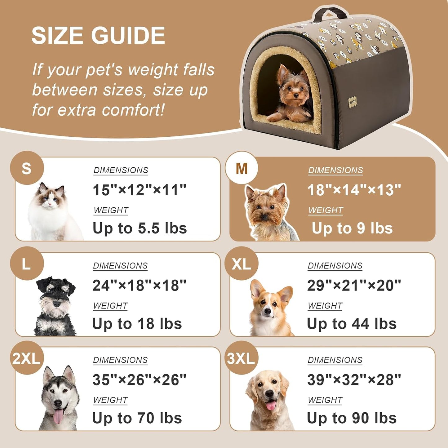 Jiupety Indoor Dog House, 2 in 1 Portable Foldable House Bed with Cover, Pet Tent & Cave Bed for Cats and Small Dogs, M(18"×14"×13"), Up to 9 Lb, Brown