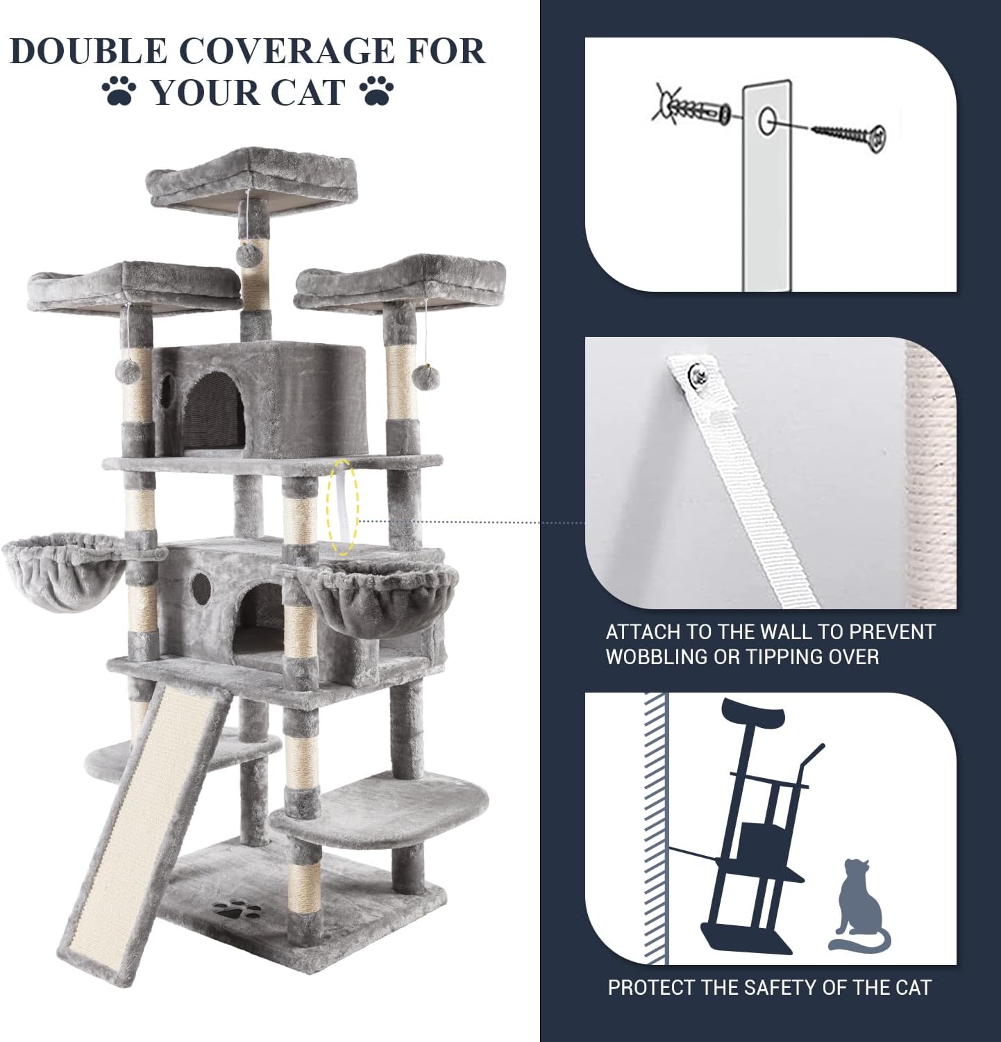 Allewie 68 Inches Cat Tree/House and Towers for Big Feline/Scratching Post/Multi-Level Large Kitty Climbing Tree with Condo/Light Grey