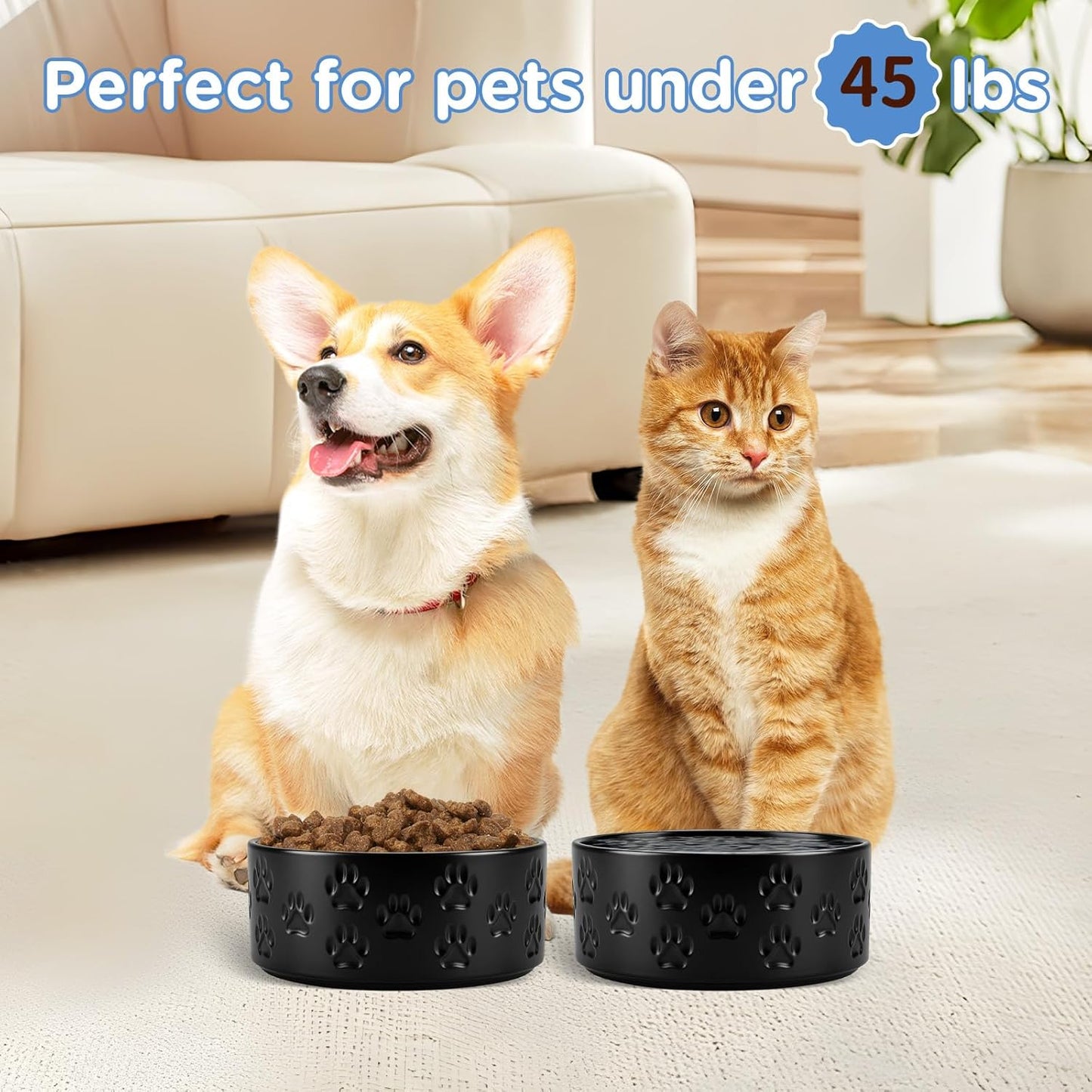 SPUNKYJUNKY Ceramic Dog and Cat Bowls 2 Pack, 6.1'' Dog and Cat Food Water Double Feeding Bowls Non-Slip for Large Sized Breed Microwave Dishwasher Safe - 28.7 OZ, 2pcs, Paw Black
