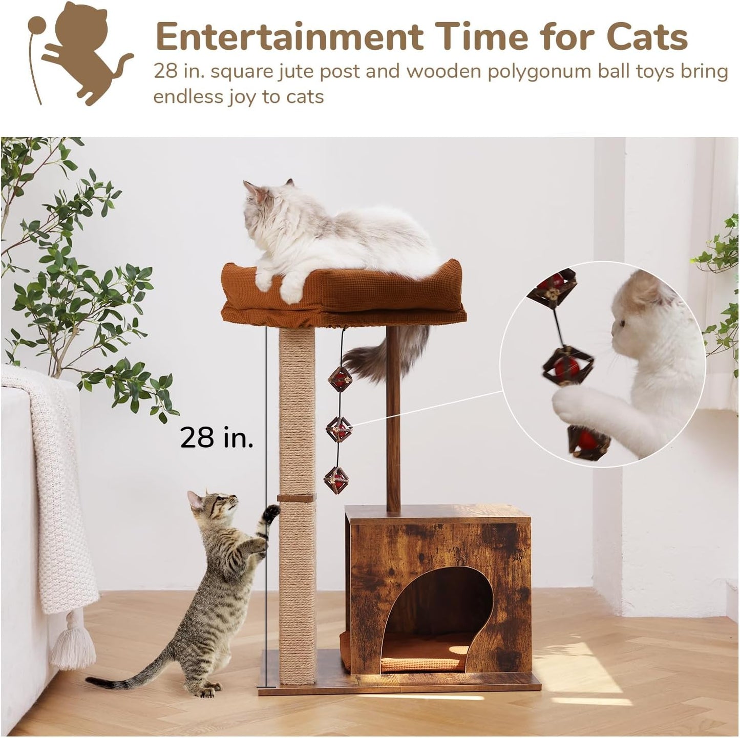 FUKUMARU Cat Scratching Post, Modern Style Cat Tree with Unique Square Post, Wooden Cat Tower with silvervine Balls, Retro Cat Condo Scratcher for Indoor Cats(Solid Wood)