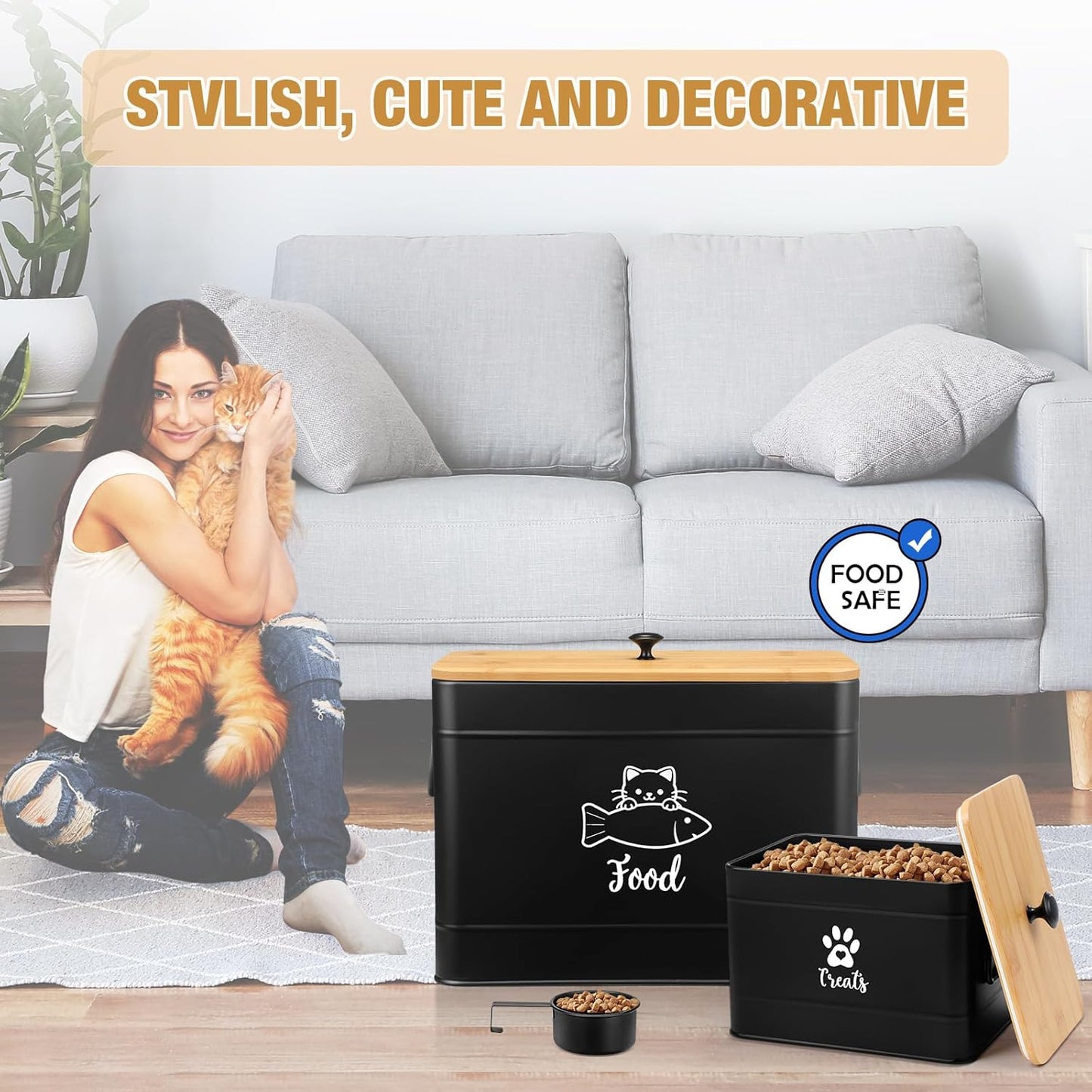 Extra Large Metal Cat Food Containers Airtight 12+3.5 lbs Cat Treat Snack Jars Set of 2 with Bamboo Lids and Spoons Farmhouse Big Pet Cookie Storage Jars for Kitchen Counter Gifts(Black)