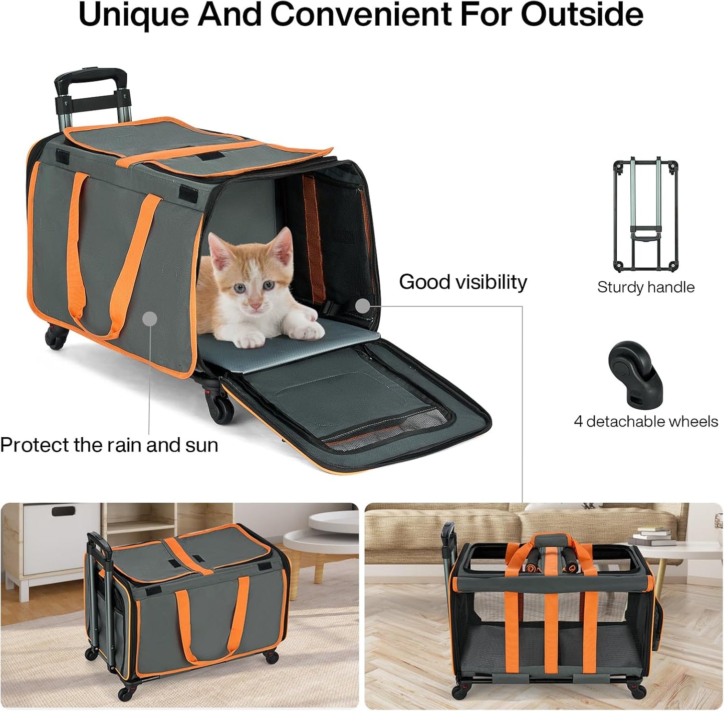 MILADA Large Cat Carrier for 2 Cats, Soft Big Pet Carrier with Wheels, Double Cat Carrier on Wheels, Rolling Pet Carrier for Travel Hiking Shopping and Camping(Not for Air Travel), Orange