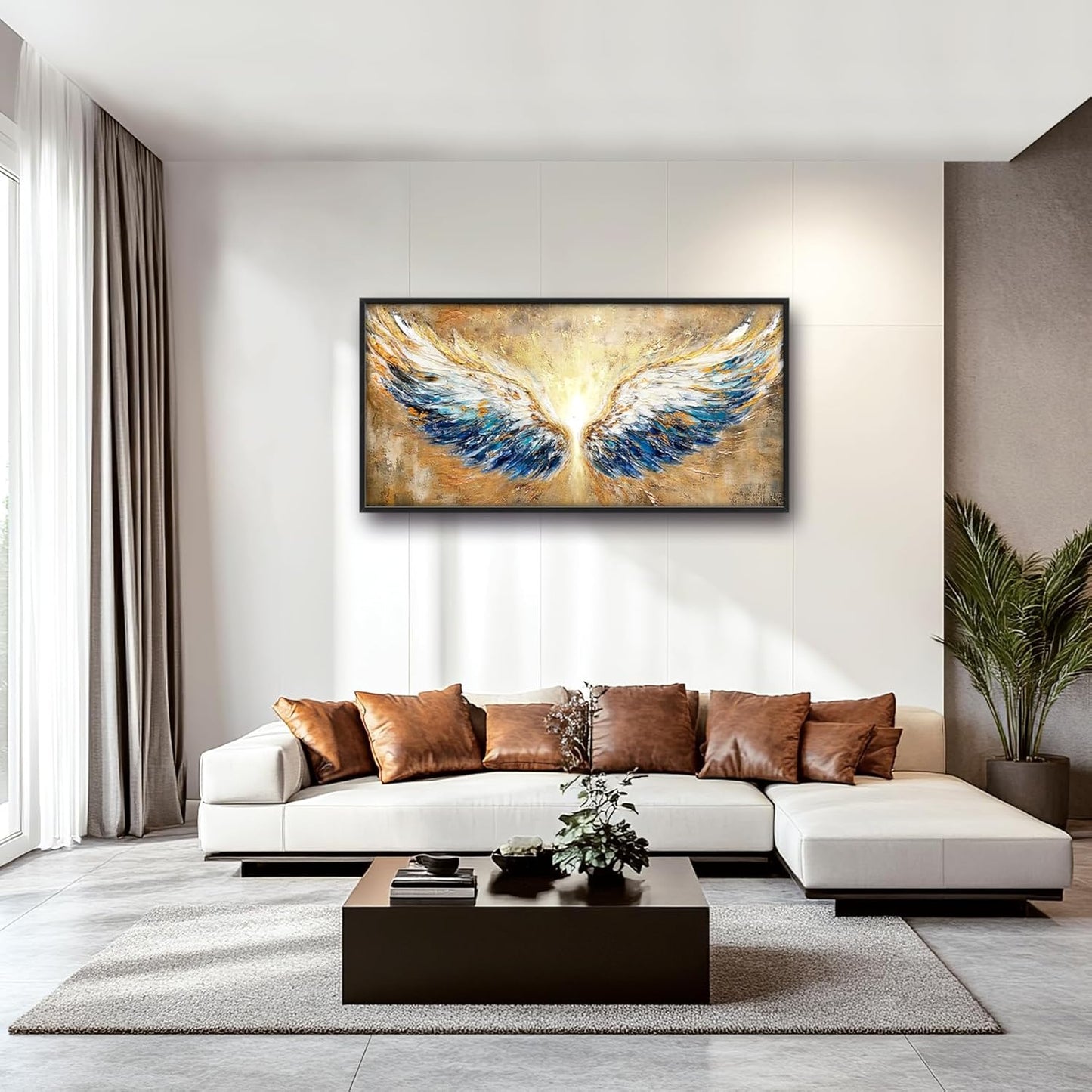 Extra Large Angel Wings Framed Wall Art for Living Room,Oversized Golden Wings Pictures Wall Decor,Holy Gold Blue Canvas Print Painting Modern Artwork Bedroom Office Bathroom 60L" x 30W"