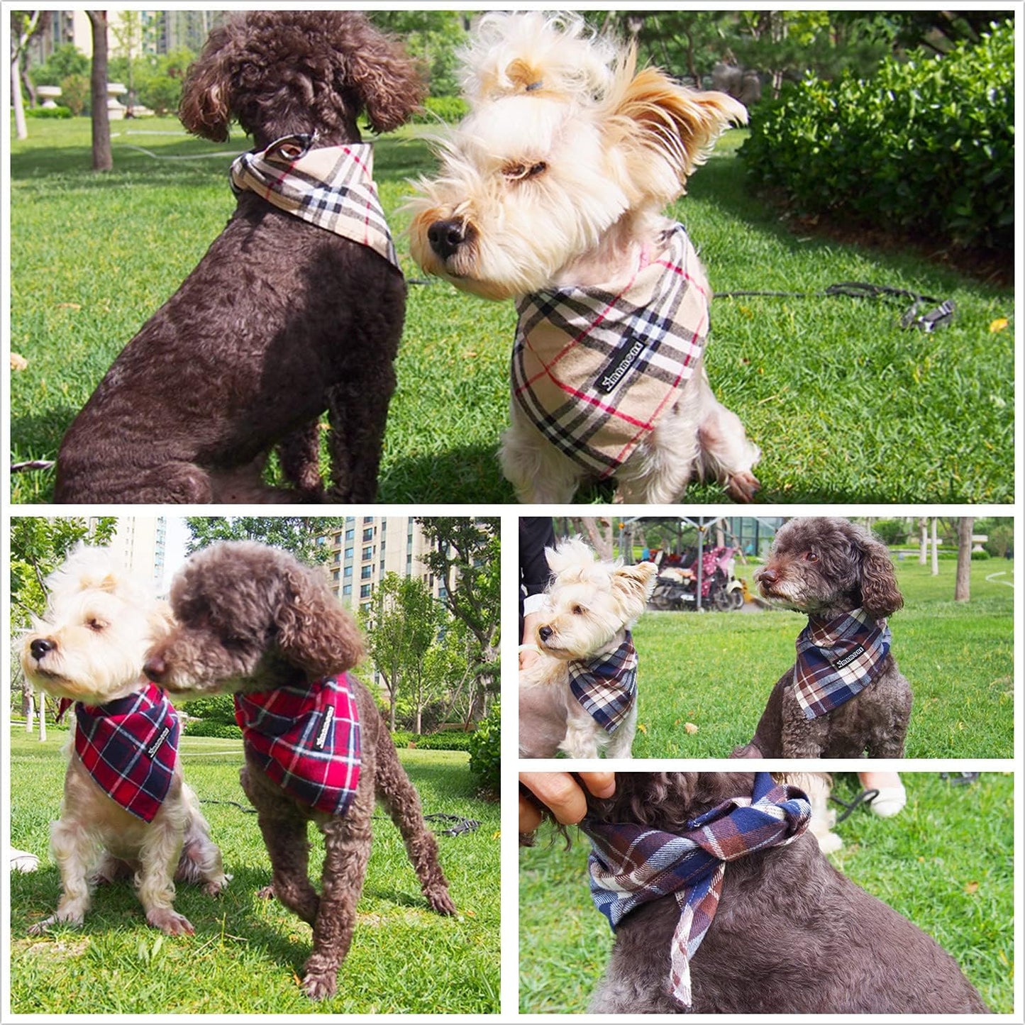 Adjustable Plaid Dog Bandanas,1PC Soft Washable Cotton Triangle Bib Kerchief Scarfs for Small Medium Large Dogs and Cats (Light Khaki, Small)