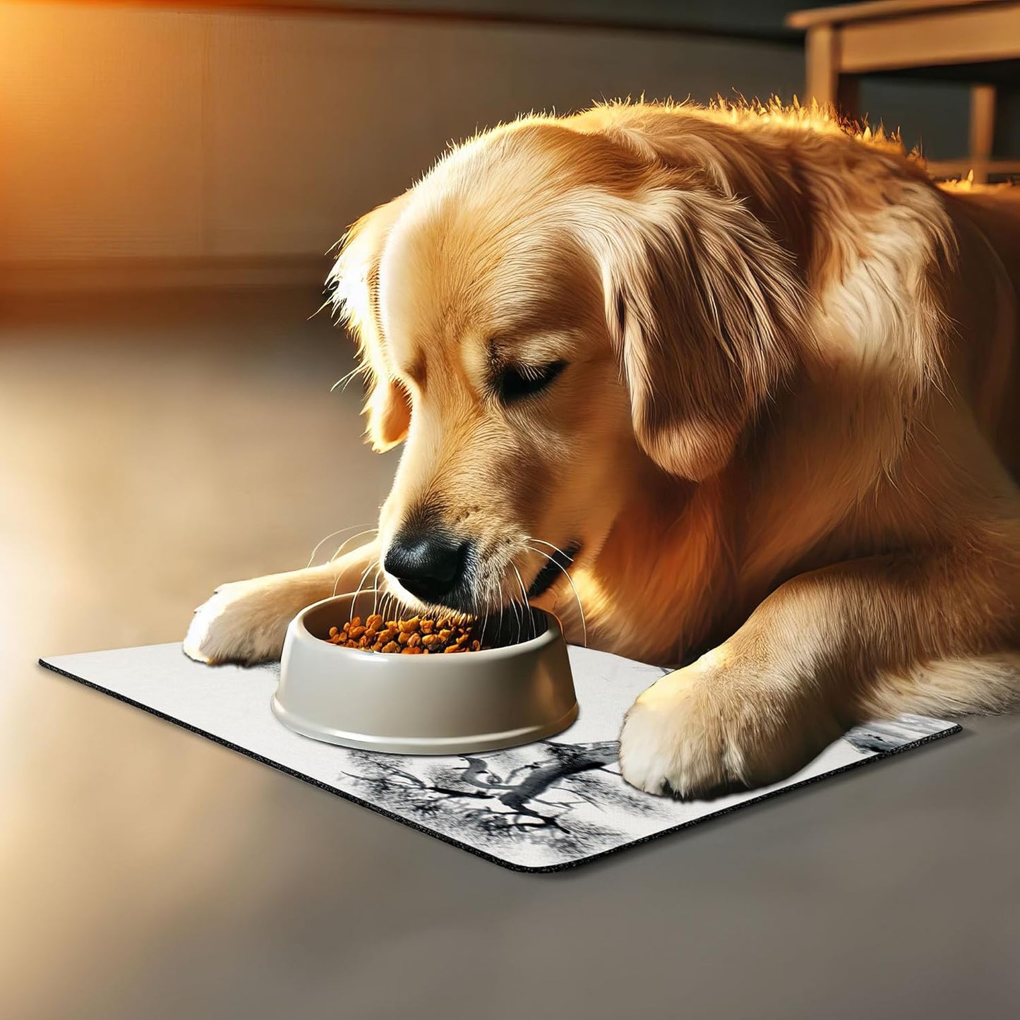 Lunarable Asian Pet Mat for Food and Water, Lone Pine on Mountain Slope Art Traditional Chinese Painting Style Oriental Culture, Rectangle Non-Slip Rubber Mat for Dogs and Cats, Grey White