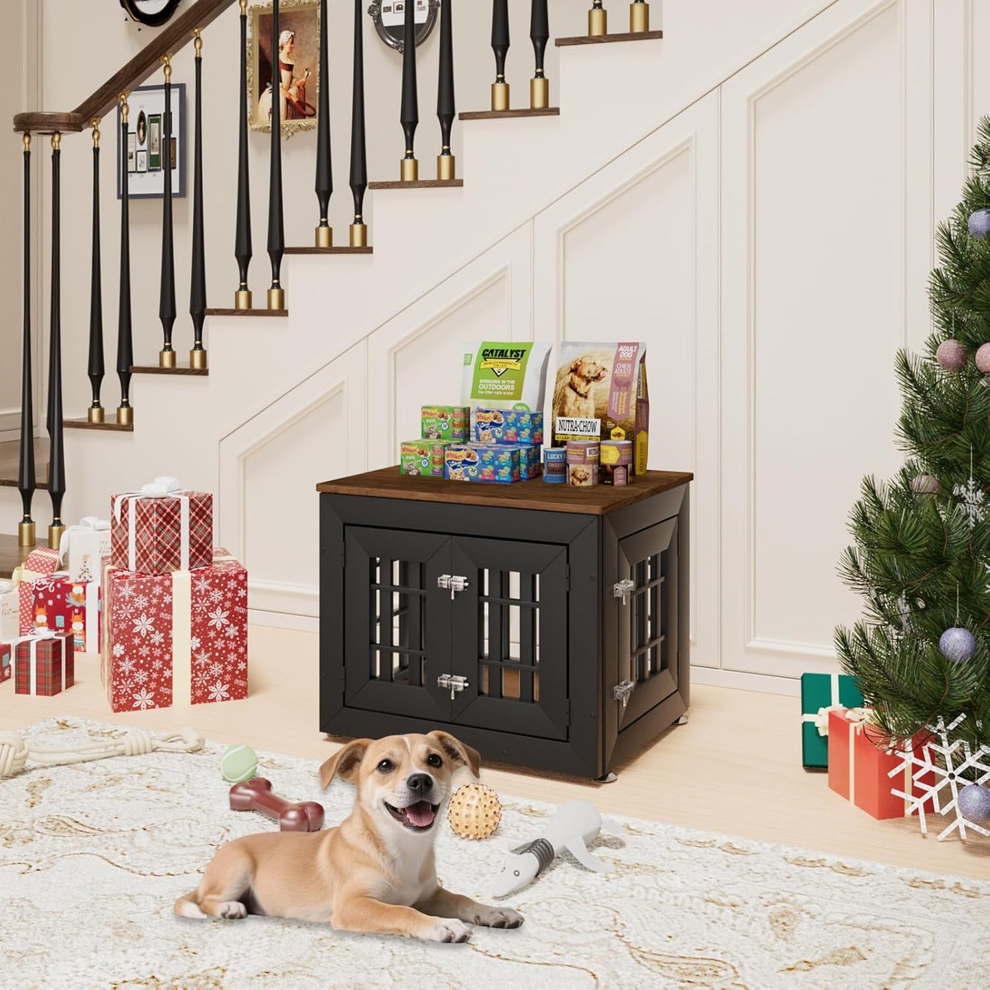 26" Heavy Duty Dog Crate Furniture for Small,Medium and Large Dogs,Rustic Wooden Dog Cage Kennel Indoor Furniture with Waterproof Top,Decorative Pet House Side End Table (Black & Wood)