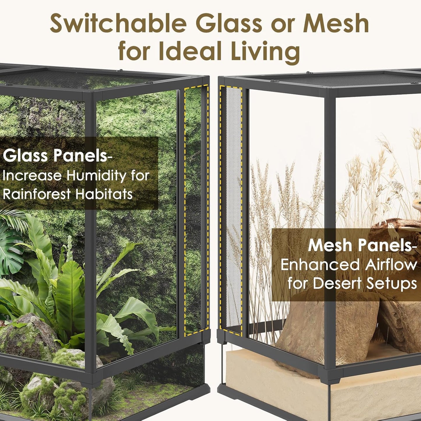 Erinnyees 74 Gallon Reptile Terrarium, Front Opening Reptile Tank with Top Screen Ventilation, Bearded Dragon Tank with Heating Pad Space and Sliding Cable Outlet for Lizard, Snakes, Turtles