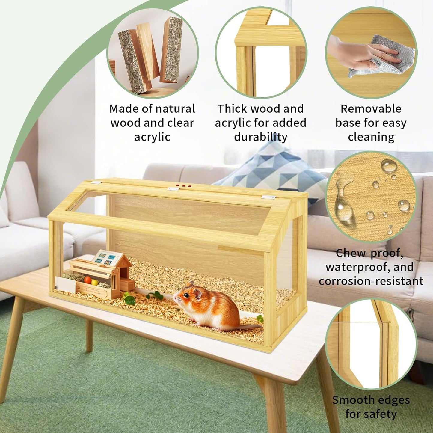 40" Large Hamster Cage, Chewproof Gerbil Cages and Habitats, Openable Top Roof Window with Silencing Pad, Wooden Guinea Pig Cage for Small Animals, Dwarf and Syrian Hamster, 40 x 20 x 20 Inches
