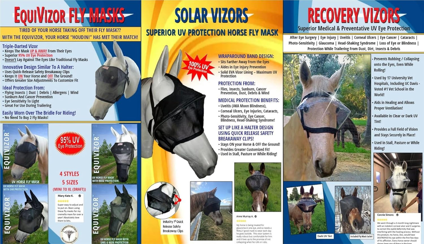 EquiVizor 95% UV Eye Protection (Mini) Standard Horse Fly Mask - Help with Uveitis, Corneal Ulcer, Light Sensitivity. Designed to Stay On Your Horse, Off The Ground.