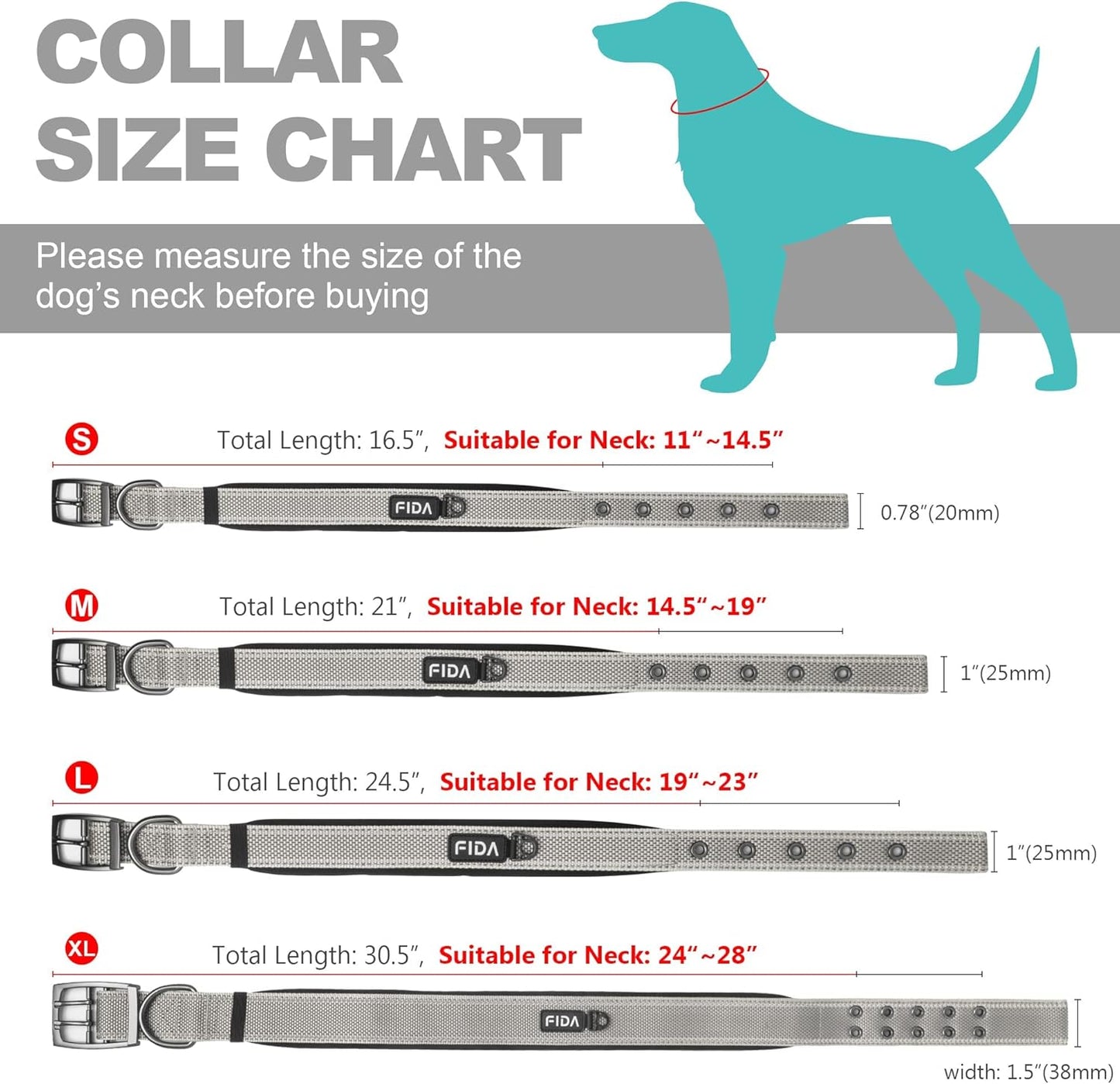 Fida Heavy Duty Dog Collar 1.5” Width, Ultra Soft Neoprene Padded, Adjustable Reflective Nylon Pet Collar with Two Metal Pin Belt Buckle for Large/X-Large Breeds (XL, Grey)
