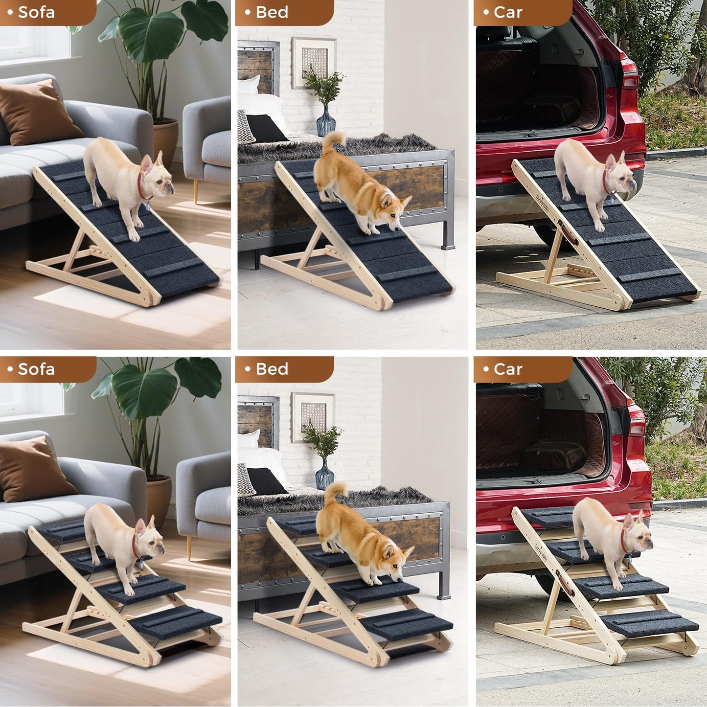 2025 Upgraded Dog Steps for Bed & Couch - 2-in-1 Dog Stairs/Ramp for Small to Large Breeds - 45.3" Long Adjustable 14"-26" Up to 200LBS - Folding Portable Wooden Pet Stairs for high Bed Couch Car