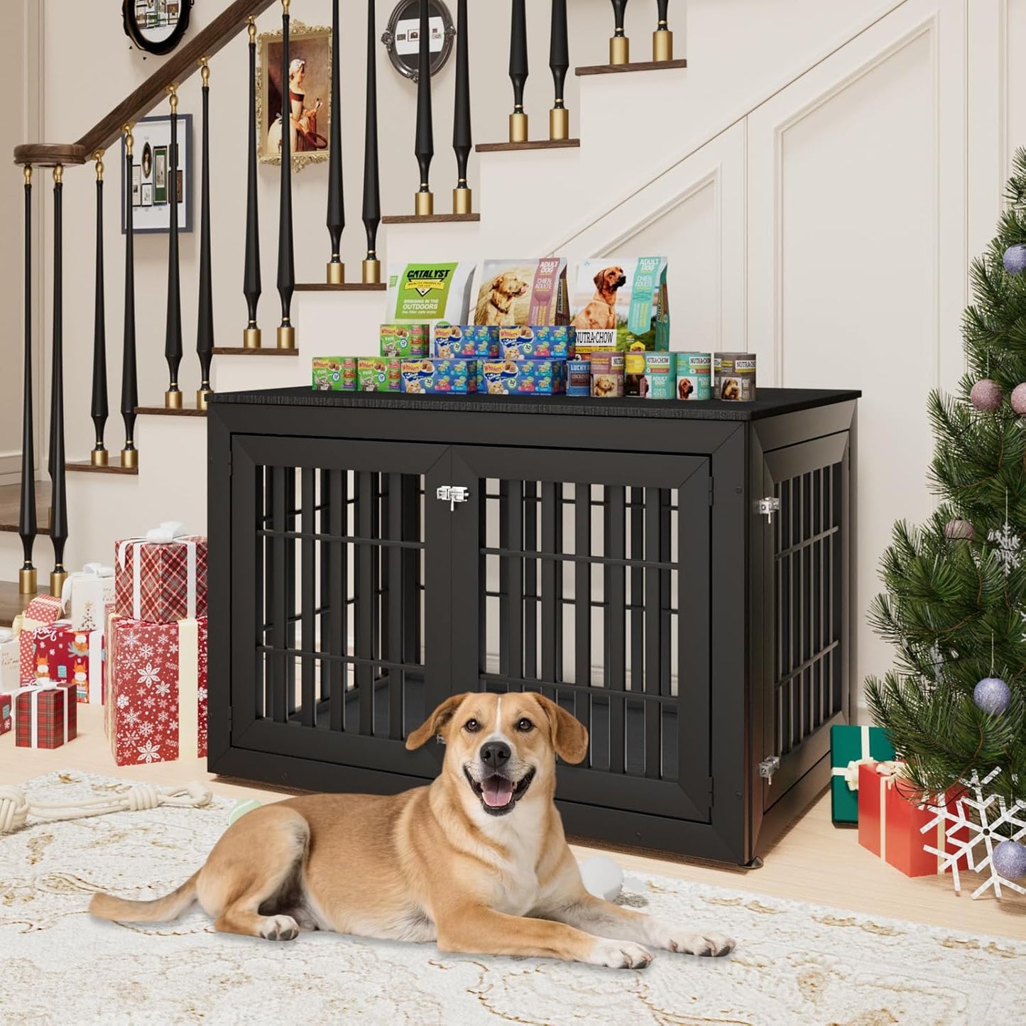 48" Heavy Duty Dog Crate Furniture for Small,Medium and Large Dogs,Rustic Wooden Dog Cage Kennel Indoor Furniture with Waterproof Top,Decorative Pet House Side End Table (Black)