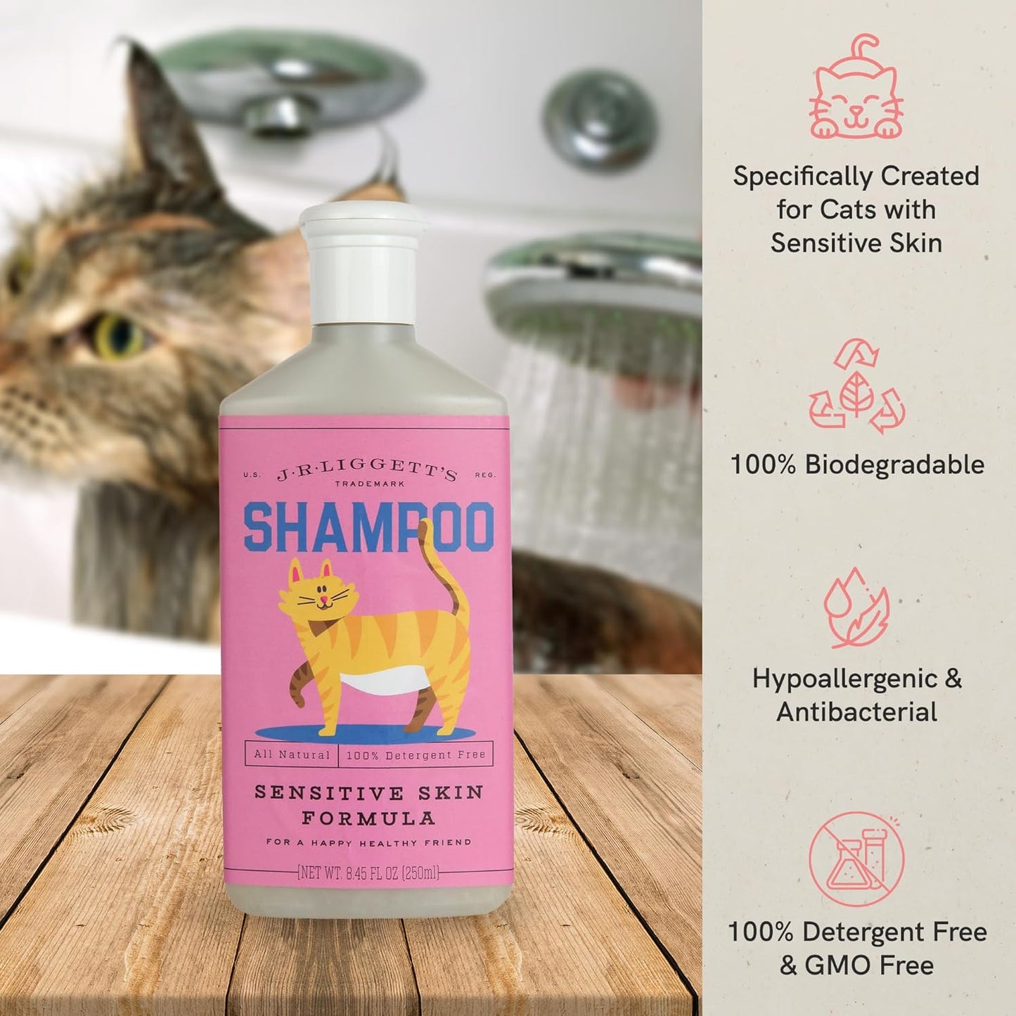 JR Liggett’s Natural Liquid Cat Shampoo for Sensitive Skin - 100% Detergent Free, Non-GMO & Biodegradable - Tear-Free, Hypoallergenic Formula Soothes Dry Itchy Skin - Safe for Puppies - 8.45 fl oz