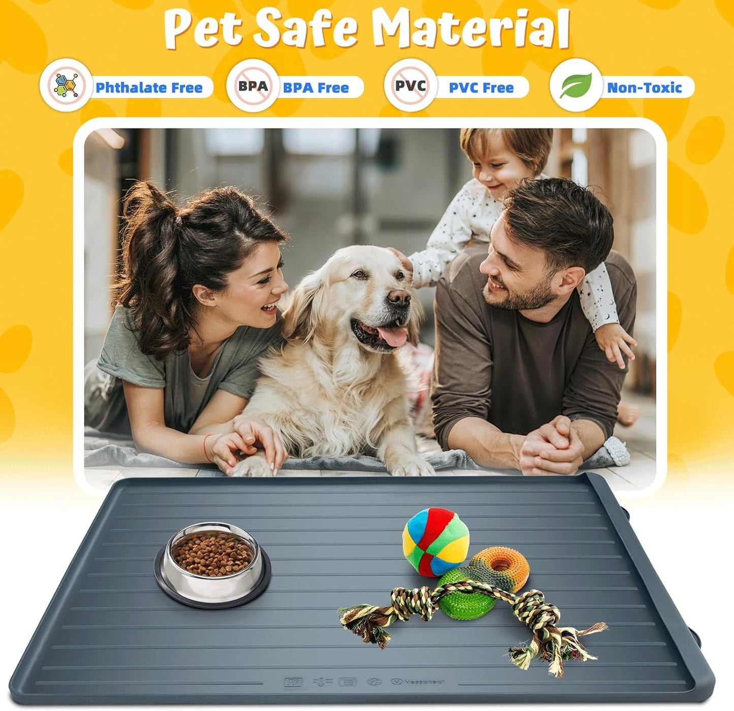 Dog Feeding Mat - 39''x27'' Large Silicone Pet Food Mats with Residue Collection Pocket and High Edges, Floors Waterproof Dog Cat Bowl Mat Prevent Water Food Spills, Dark Grey