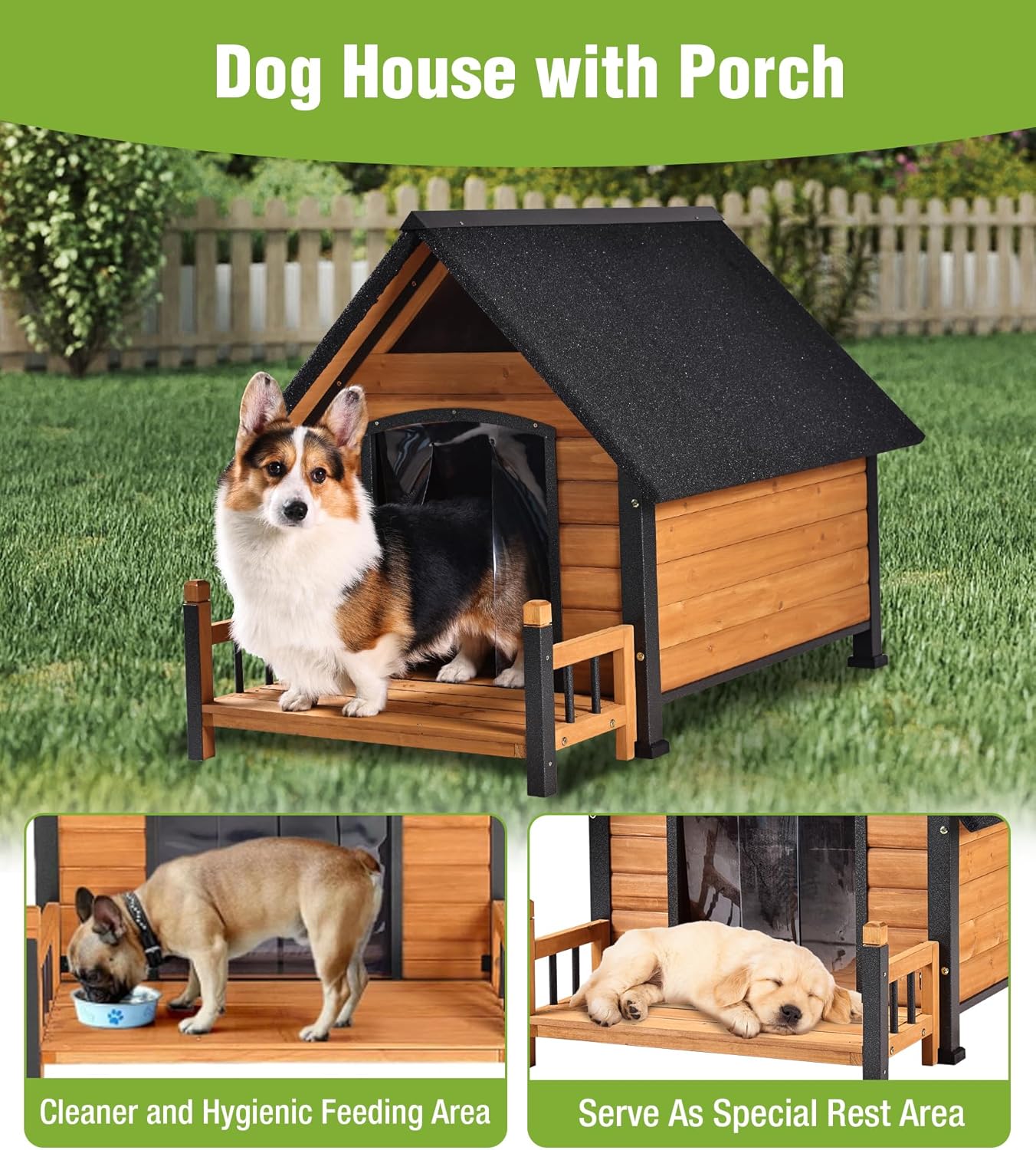 GUTINNEEN Dog House Outdoor Weatherproof with Porch, Puppy Shelter Indoor with Anti-Bite Design, PVC Curtain, Asphalt Roof, Elevated Waterproof Base, for Small to Medium Dogs - Brown