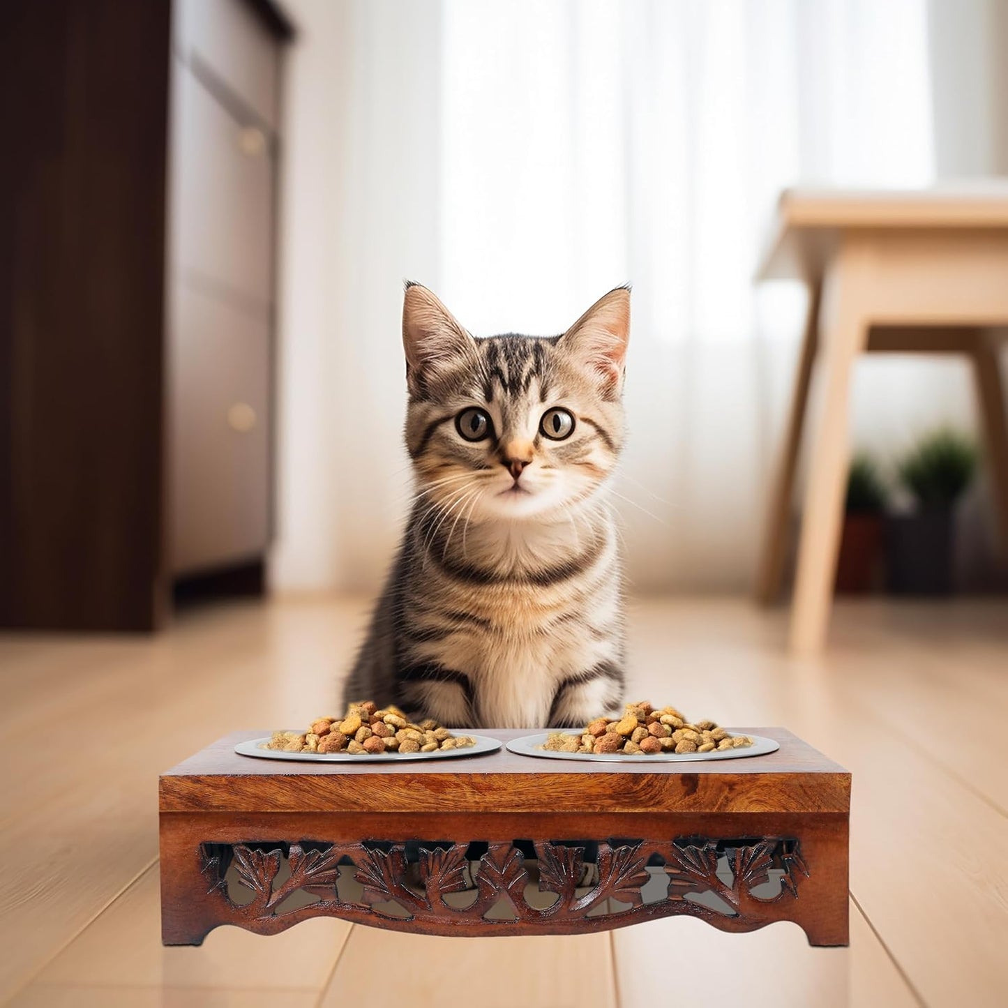 Elevated Pet Feeder for Dogs and Cats - Scroll Carved Wood Raised Dog Bowl Stand - Pet Feeding Stand with Two Steel Bowls - Raised Dog Bowl for Food and Water - Pet Feeding Station -17x11x4- IRONGATE