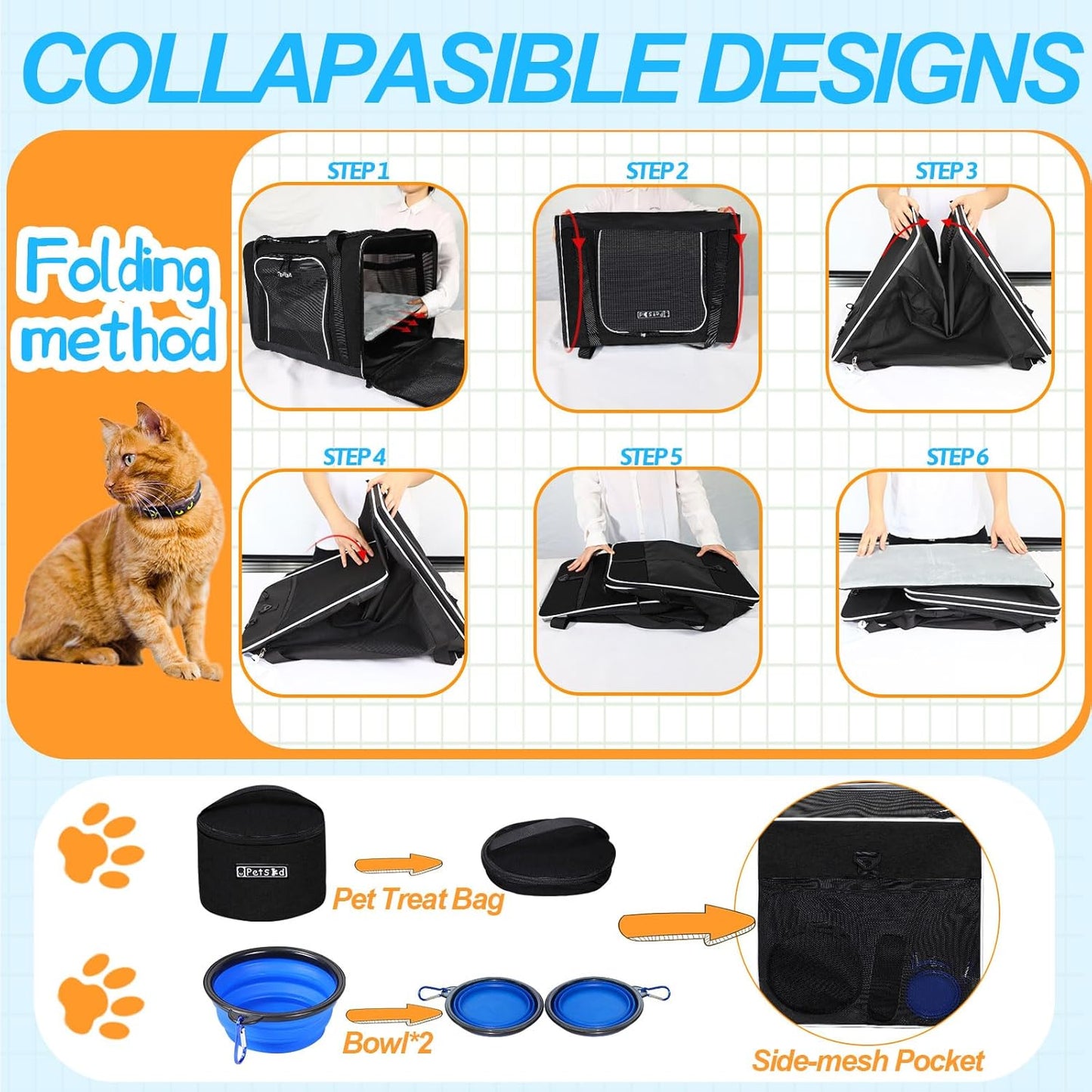 Petskd Extra Large Pet Carrier 24"x17"x17" for Large Cat or Medium Dog, Collapsible Soft Sided Dog cat Carrier for Long Trips with Lockable Safety Zippers(Black)