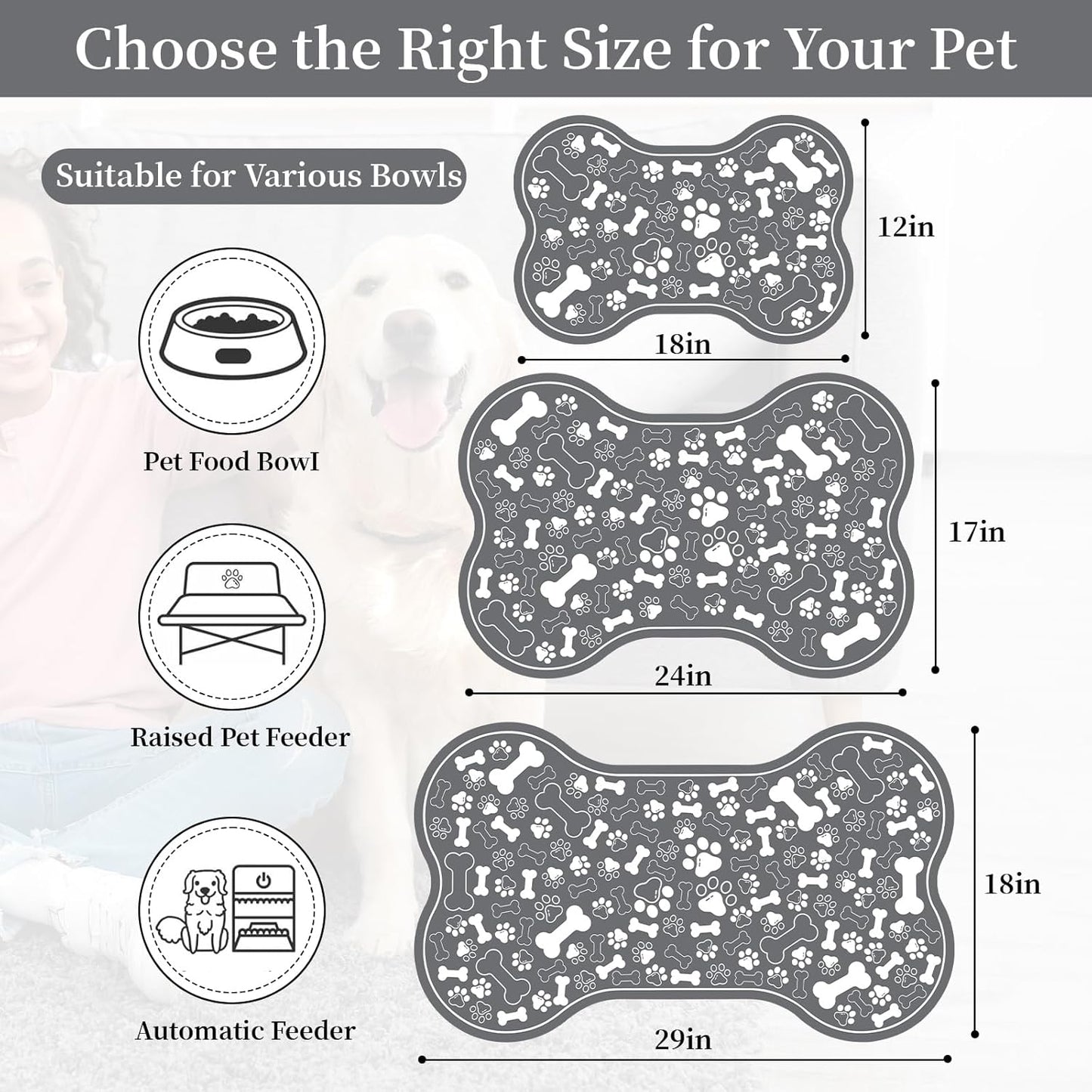 Dog & Cat Food Mat Bone Shaped Pet Feeding Mat Quick Absorb Water Bowl Placemat with Rubber Backing Indoor Floor Stain Resistant Pet Accessory Supplies (Dark Gray, 17x29 Inches)