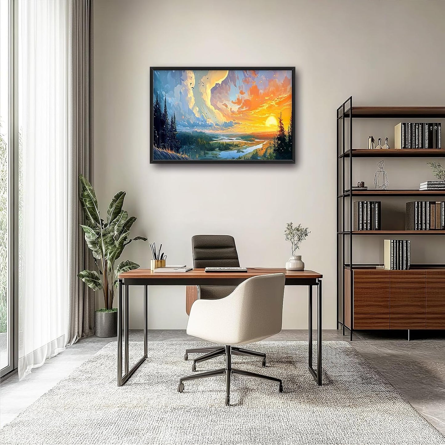 Framed Large Sunrise Wall Art for Living Room, Oversized Sunrise Wall Decor Forest Lake Landscape Canvas Print Natural Picture Home Decoration for Bedroom Living Room Office 36"x24"