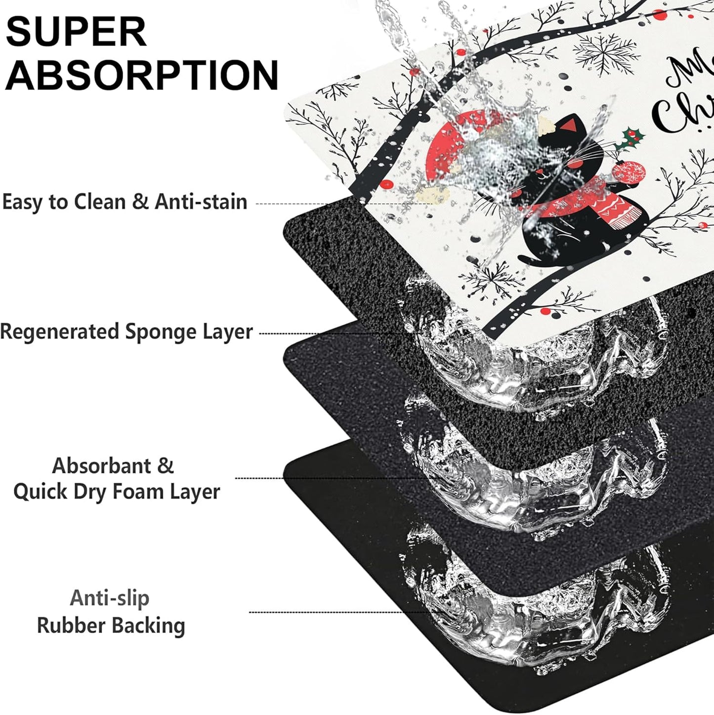 Christmas Black Cat Pet Feeding Mat-Quick Dry Absorbent Dog Cat Food Mat, Anti-Slip Water Bowl Mats for Messy Eaters-No Stains Indoor Pet Accessories 16"x24"