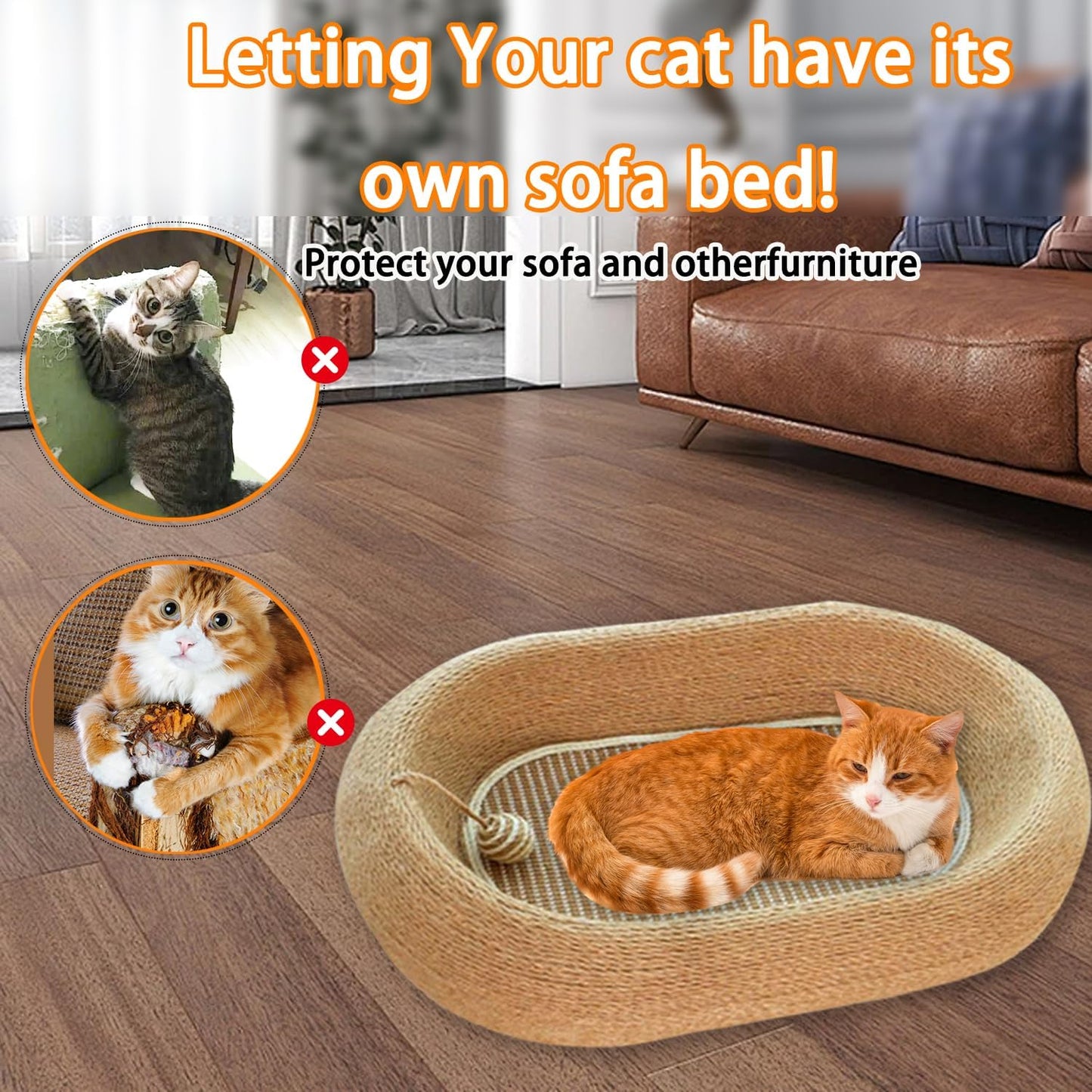 Cat Scratching Pad -Oval Cat Scratching Post - with Natural Sisal and Hanging Toy Ball, 3-in-1 Cat Scratching Post, Sisal Bed, Suitable for Indoor Cat Play, Round Oval Rest and Scratching