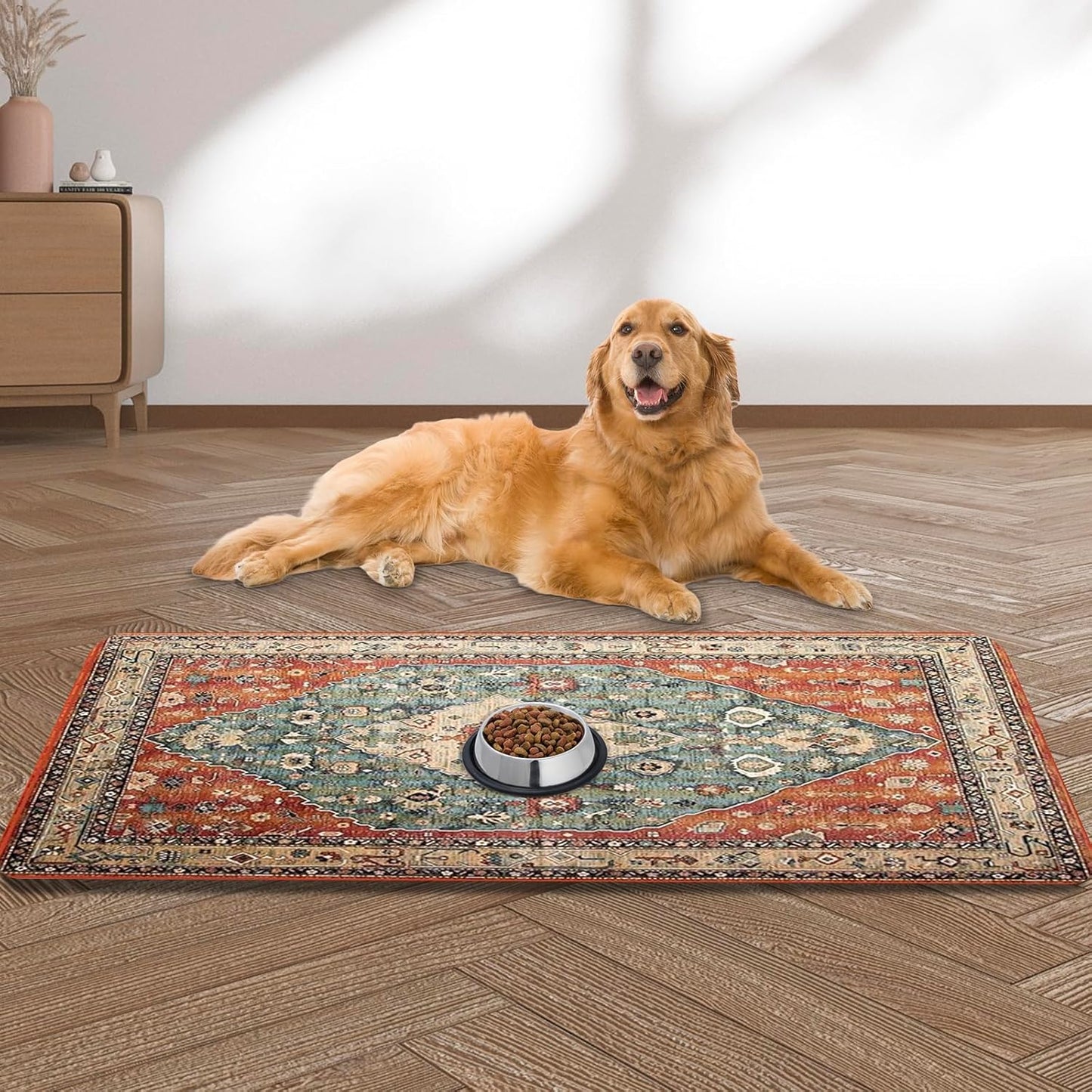 Large Pet Feeding Mat, 36" x 24" Bohemia Absorbent Quick Dry Dog Mat for Food and Water Bowl, Non Skid Cat Bowl Mat, No Stains Quick Dry for Pet Water Dispenser Pet Supplies for Messy Drinkers