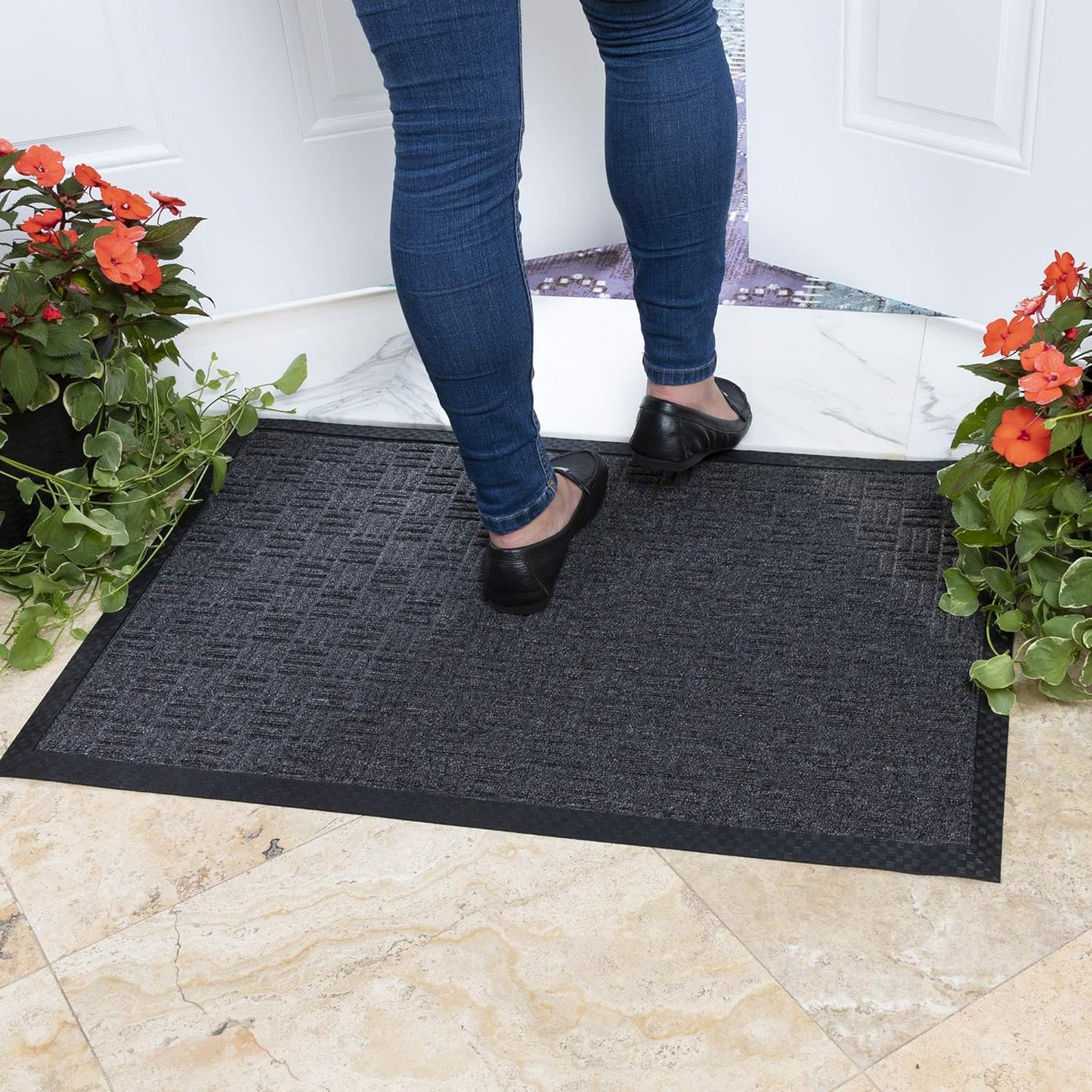 Indoor/Outdoor Hose-Wash Embossed Design Non-Slip Rubber 18" x 30" Modern Entryway Mat for Entryway, Patio, Backyard, Garage, 18" x 30", Charcoal