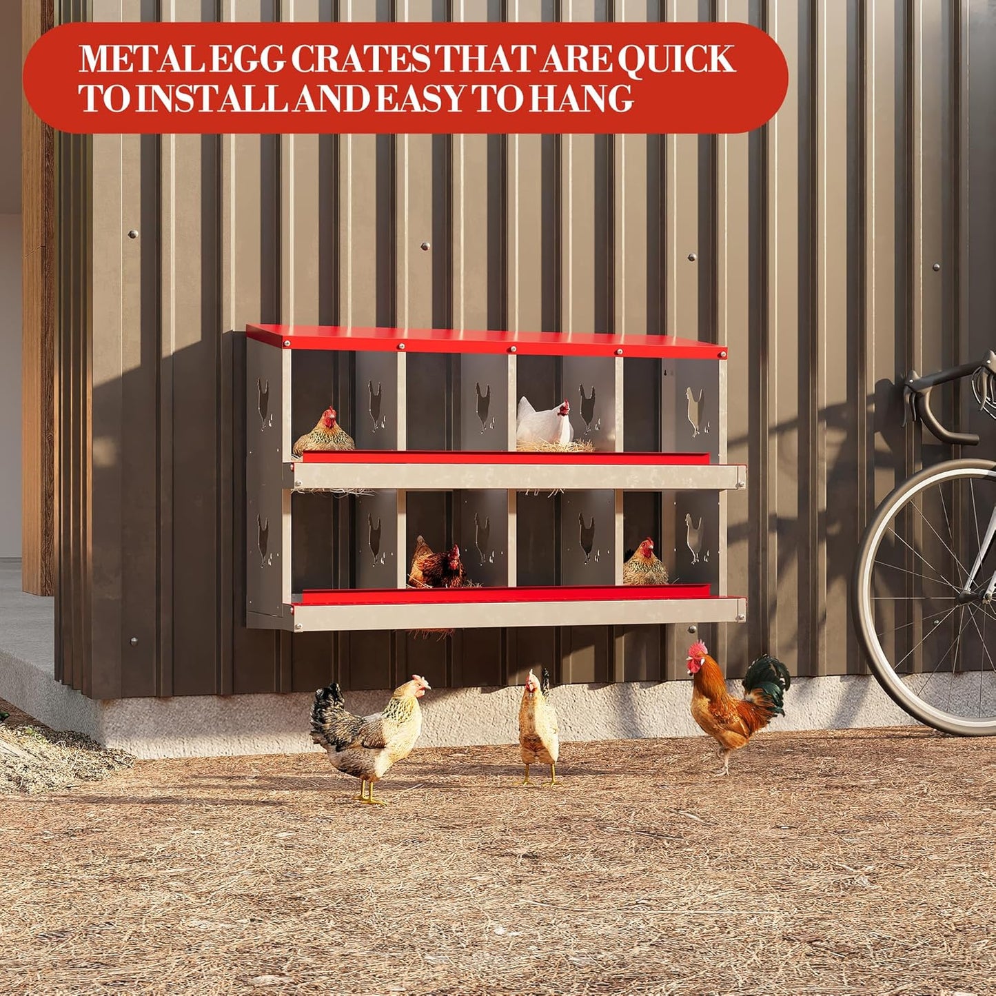 8 Hole Chicken Nesting Box with Roll Out Egg Tray, Rustproof & Ventilated Chicken Laying Boxes for Hens, Chickens, Ducks | Easy-Clean Poultry Coop Accessories