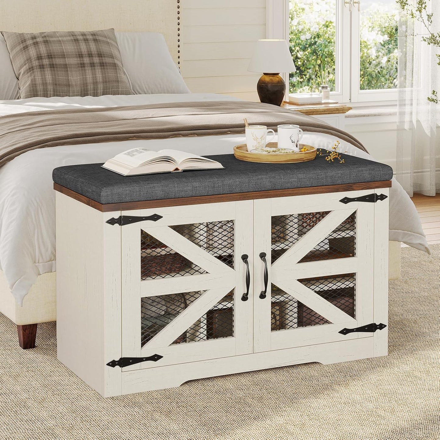 Farmhouse Storage Bench with Cushion, Metal and Wood Shoe Rack Organizer, Adjustable Shelf, Shoe Cabinet with Half Hidden Storage Space, for Entryway, Bedroom, Living Room (Old White, 31.4in)