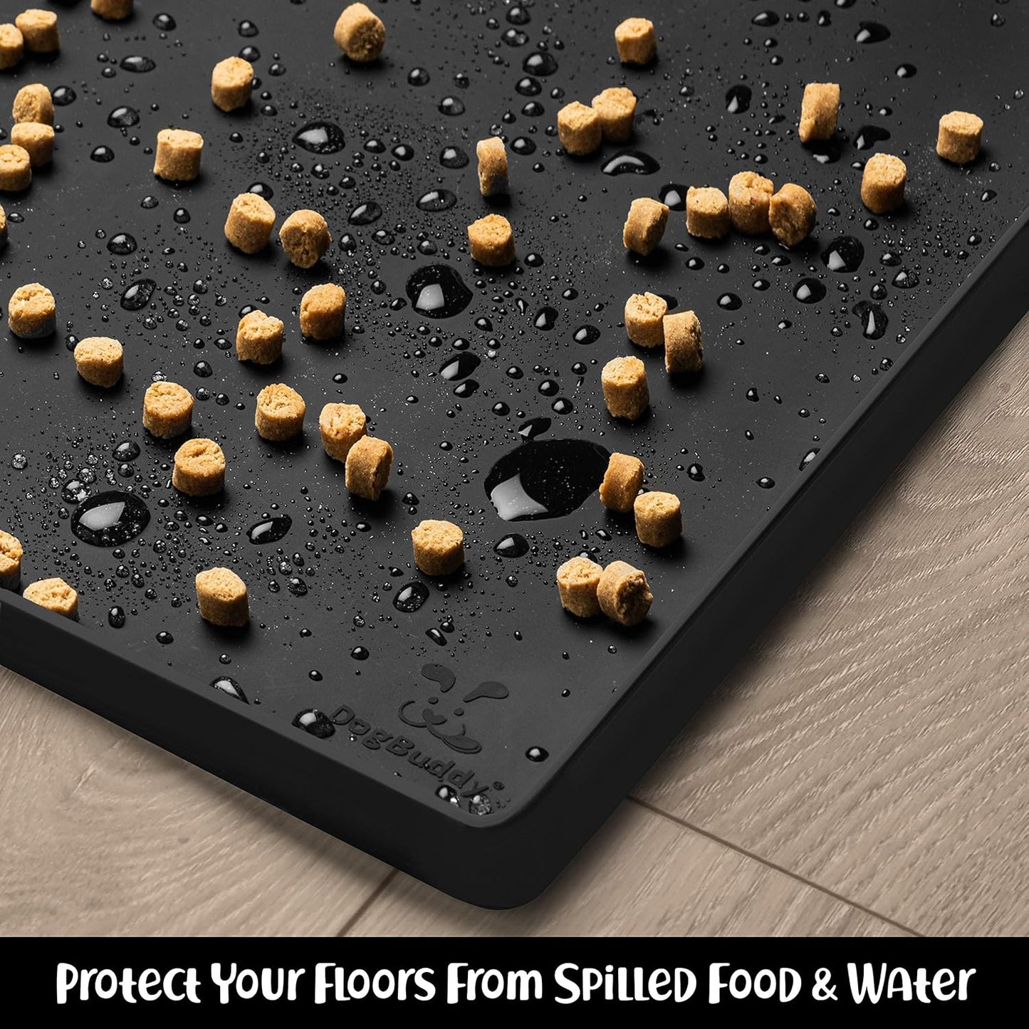 DogBuddy Dog Food Mat – Waterproof Dog Bowl Mat for Food and Water, Silicone Pet Feeding Mats for Floors, Non-Slip Placemat with High Edges for Dogs Bowls, Puppy Essentials (XS: 11" x 11", Black)