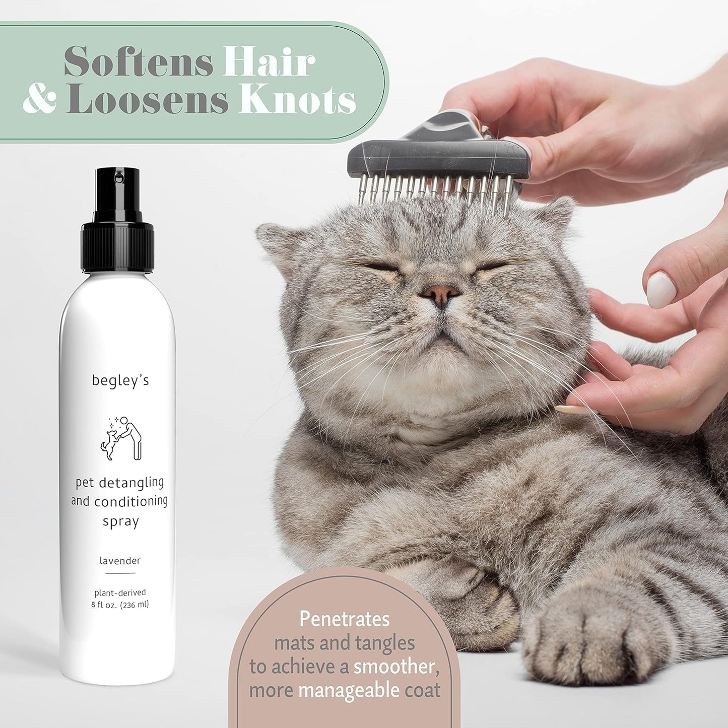 Begley's Pet Detangling Spray - Premium Essential Oil Scented Detangler Spray for Dogs, Puppies & Cats - Dog Leave in Conditioner Spray - Dematting Spray for Dogs & Pets - 8 oz, Lavender