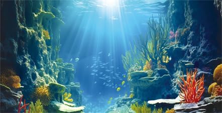 60X24IN Blue Sea Floor Aquarium Background, Natural Underwater World 3D Effect Fish Tank Decorations Background, Art Terrarium Background with 8 EVA Double-Sided Tape