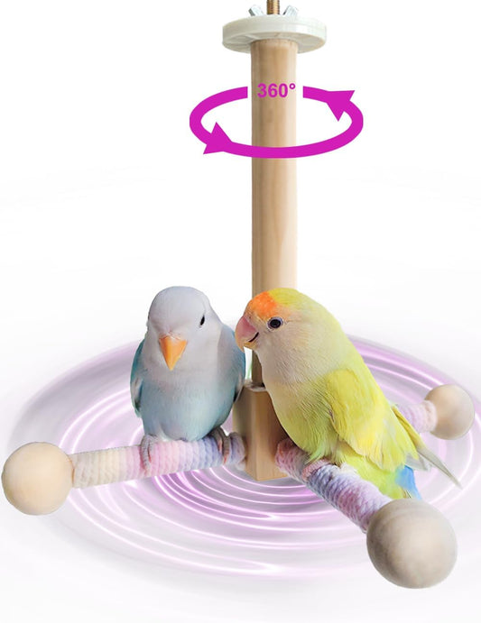 Bird Stand Perch Toy, 360° Rotating Natural Wooden Parrot Perch for Bird Cages, Colorful