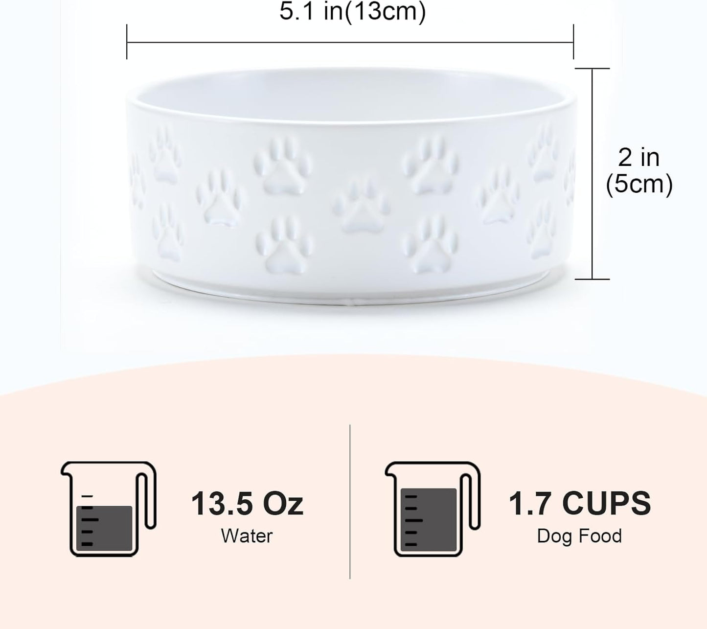 SPUNKYJUNKY Ceramic Dog and Cat Bowls 2 Pack, 5.1'' Dog and Cat Food Water Double Feeding Bowls Non-Slip for Cats and Puppy Small Sized Breed Dogs Microwave Dishwasher Safe - 13.5 OZ, 2pcs, Paw White