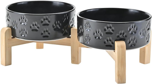 SPUNKYJUNKY Elevated Dog Bowls Ceramic, 5.1'' Dogs and Cat Food Water Bowls Raised with Non-Slip Bamboo Stand for Puppy Small Sized Breed Microwave Dishwasher Safe - 13.5 OZ,Paw Black