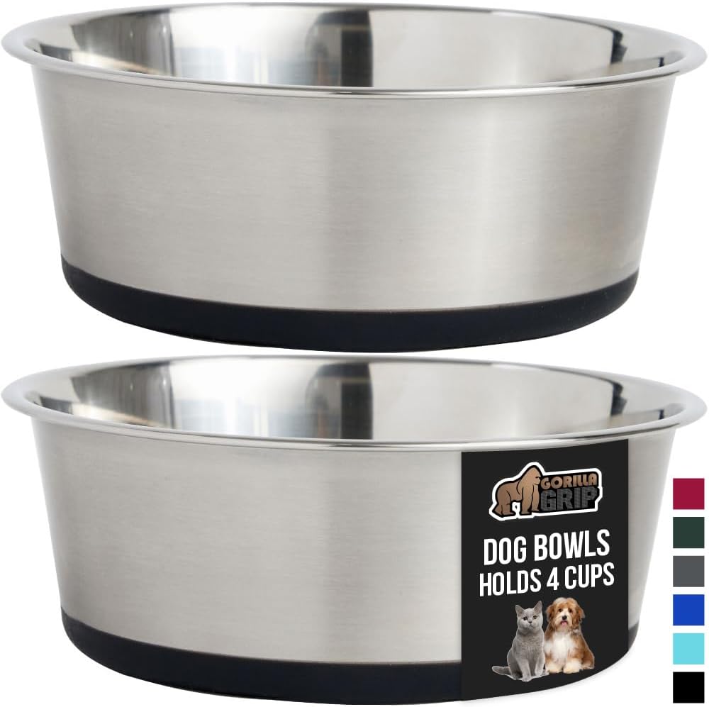 GORILLA GRIP Set of 2 Dog Bowls, Holds 4 Cups (32 fl oz), Heavy Duty Metal Food and Water Bowl for Feeding Dogs and Cats, Dishwasher Safe, Rust Resistant Stainless Steel, BPA Free Rubber Base, Black