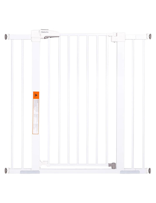 BABELIO 36" Extra Tall Dog Gate, 26-40" Wide Auto Close Baby Gate, Pressure Mounted Metal Pet, Easy Install No Drilling, No Tools Required, With Wall Protectors and Extension Kits, White