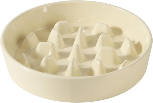 Ceramic 9.5 inch Dog Bowl Slow Feeder, Slow Pet Food Dish for Large Dog, Stop Bloat, Preventing Choking(Single Bowl, Beige)